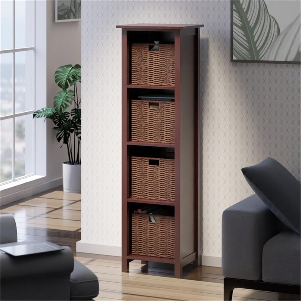 Winsome Wood Milan 5-Piece Storage Shelf with 4 Foldable Woven Baskets in Walnut - Space Saving Organizer for Bedroom, Living Room & Office