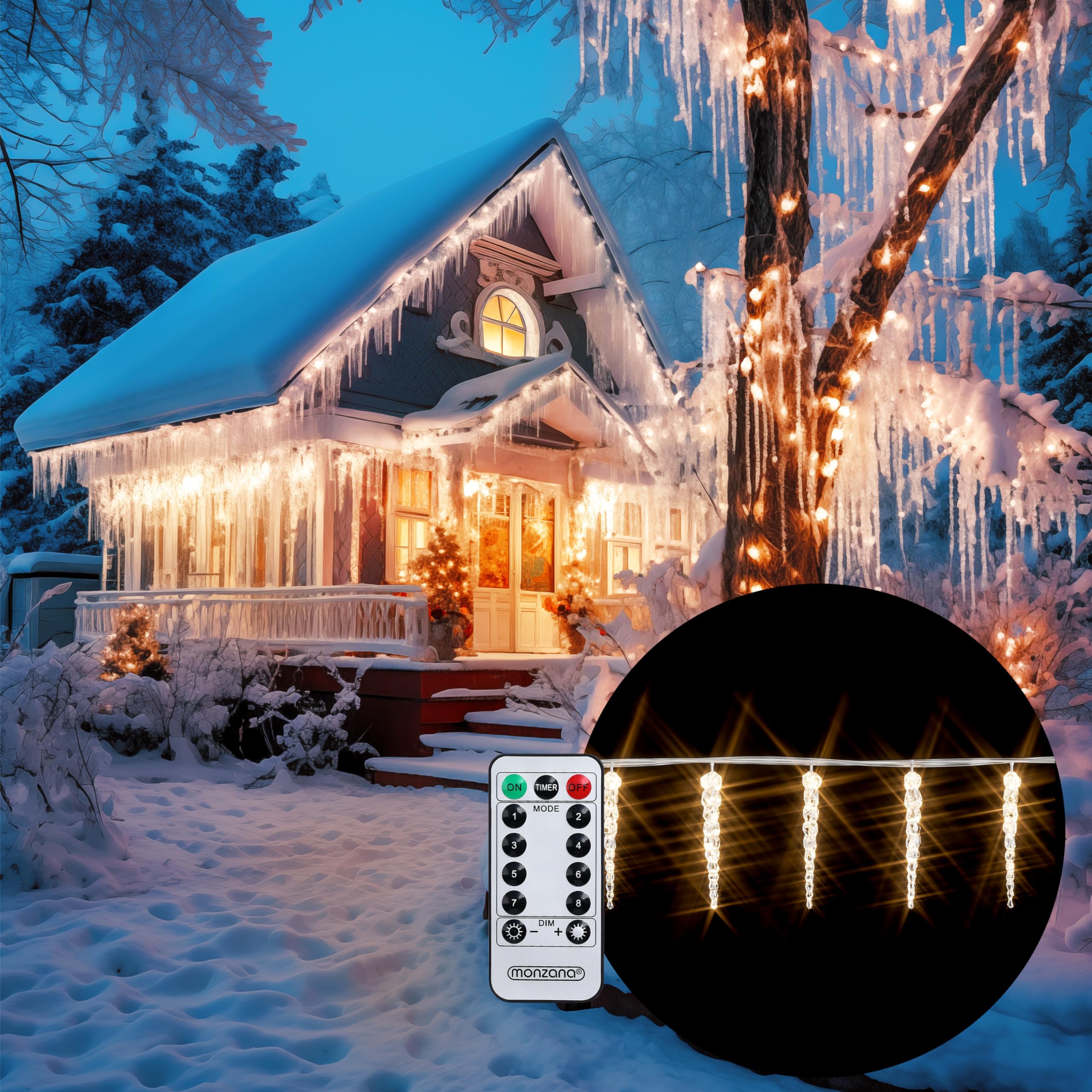Monzana LED Christmas Ice Lights - 80 LED Icicle Lights with Remote, 8 Lighting Modes, Timer, IP44 Waterproof for Outdoor Holiday Decorations - Perfect for Roof, Windows, and Garden Christmas Decor