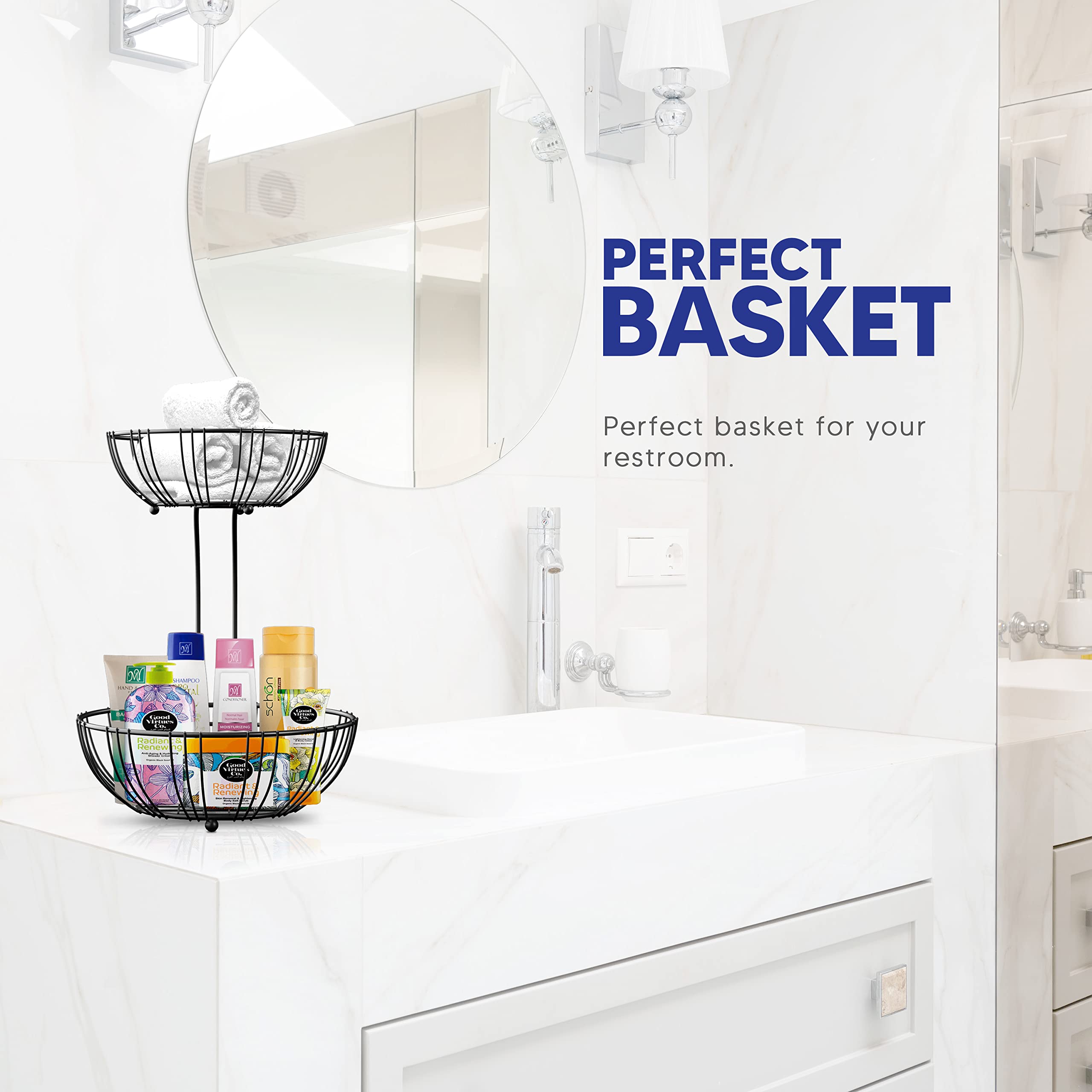 RICCLE Double Layer Metal Wire Fruit Basket with Banana Hanger - Stylish Kitchen Countertop Organizer for Fruits, Vegetables, and Produce - Perfect for Modern Kitchens and Dining Areas