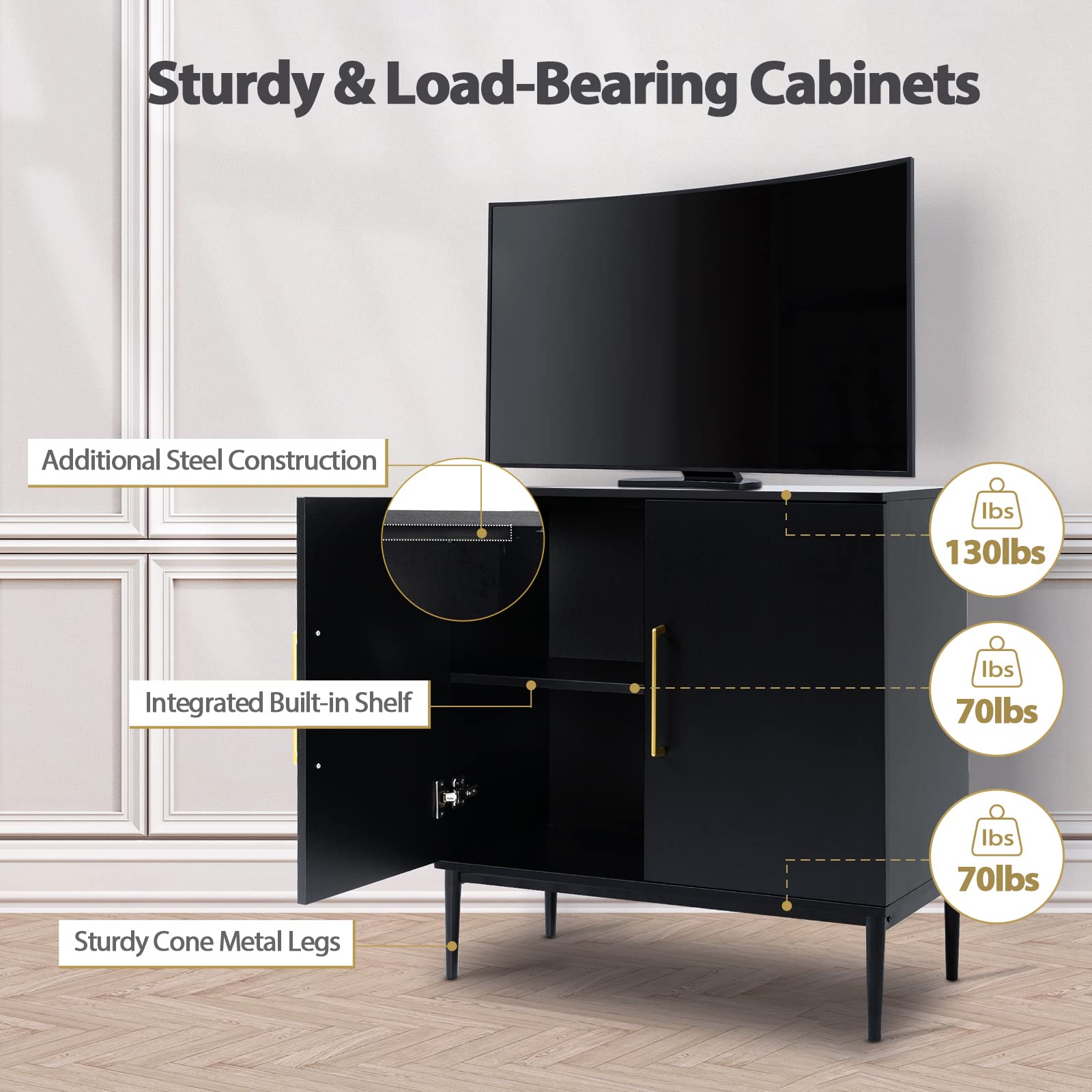 Modern Wood Storage Cabinet - Free Standing Buffet Sideboard with Wood Accent for Living Room, Hallway, Entryway, Dining Room & Bedroom - Stylish Black Storage Solution for Home Organization & Decor