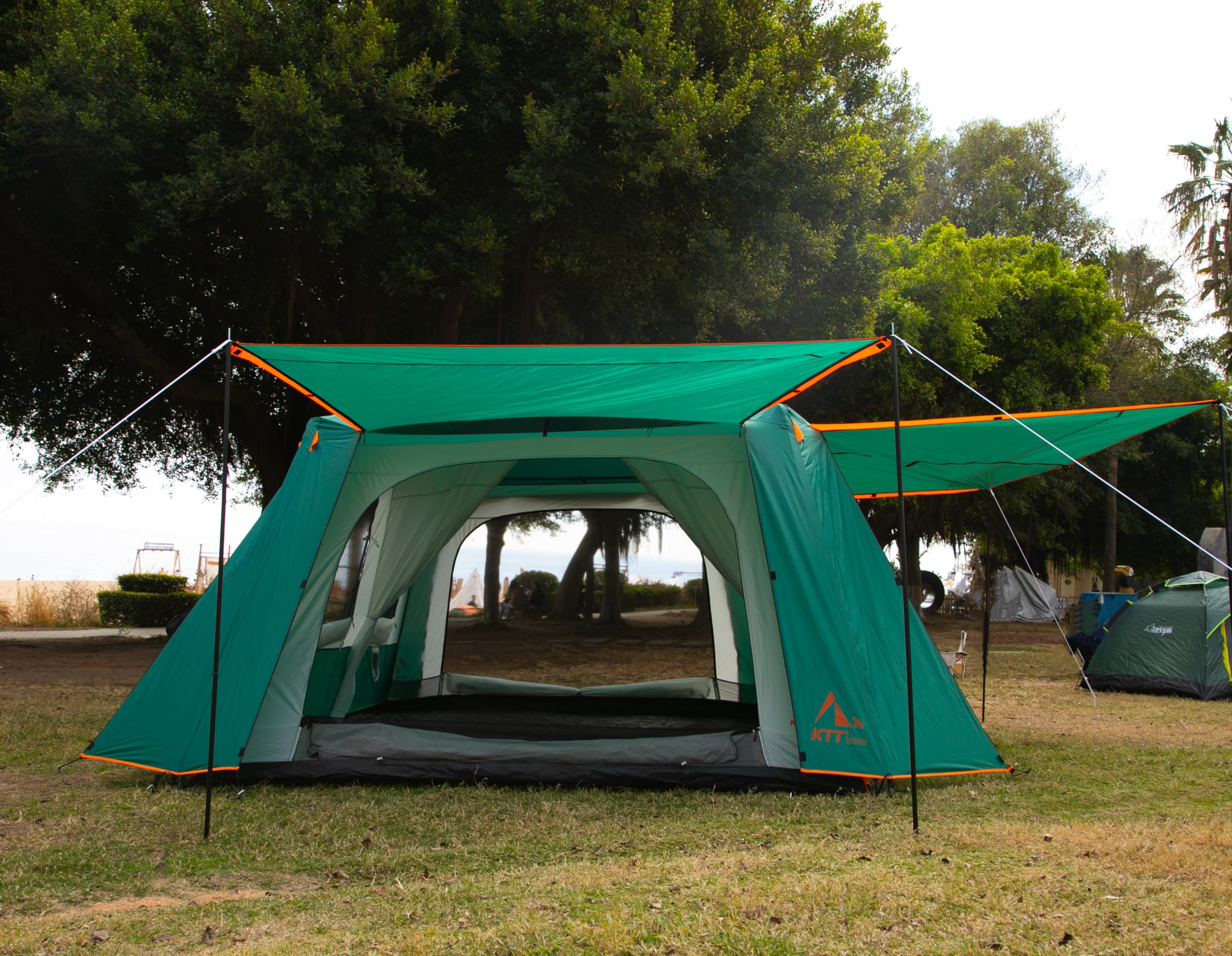 KTT Extra Large Family Cabin Tent for 10-14 People - 2 Room, 3 Door & 3 Window Design with Mesh, Straight Wall & Waterproof Double Layer - Perfect for Camping, Picnics, Outdoor Adventures & Family Gatherings