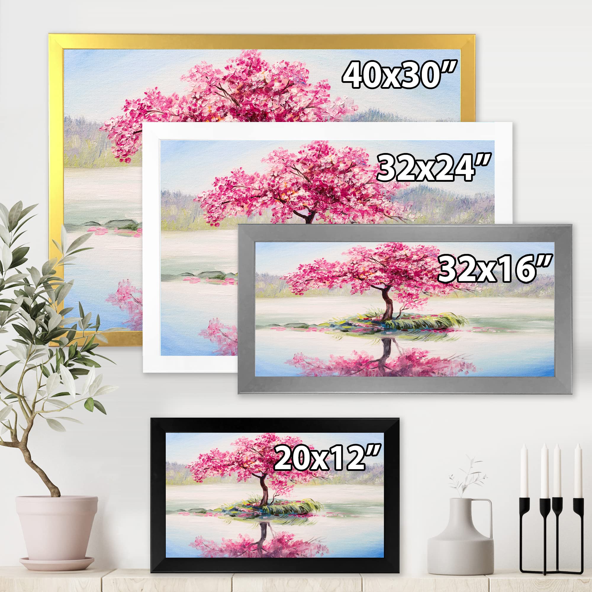 DesignQ Oriental Cherry Tree Sakura On The Lake Framed Wall Art - Japanese Inspired Home Decor for Living Room, Bedroom & Office