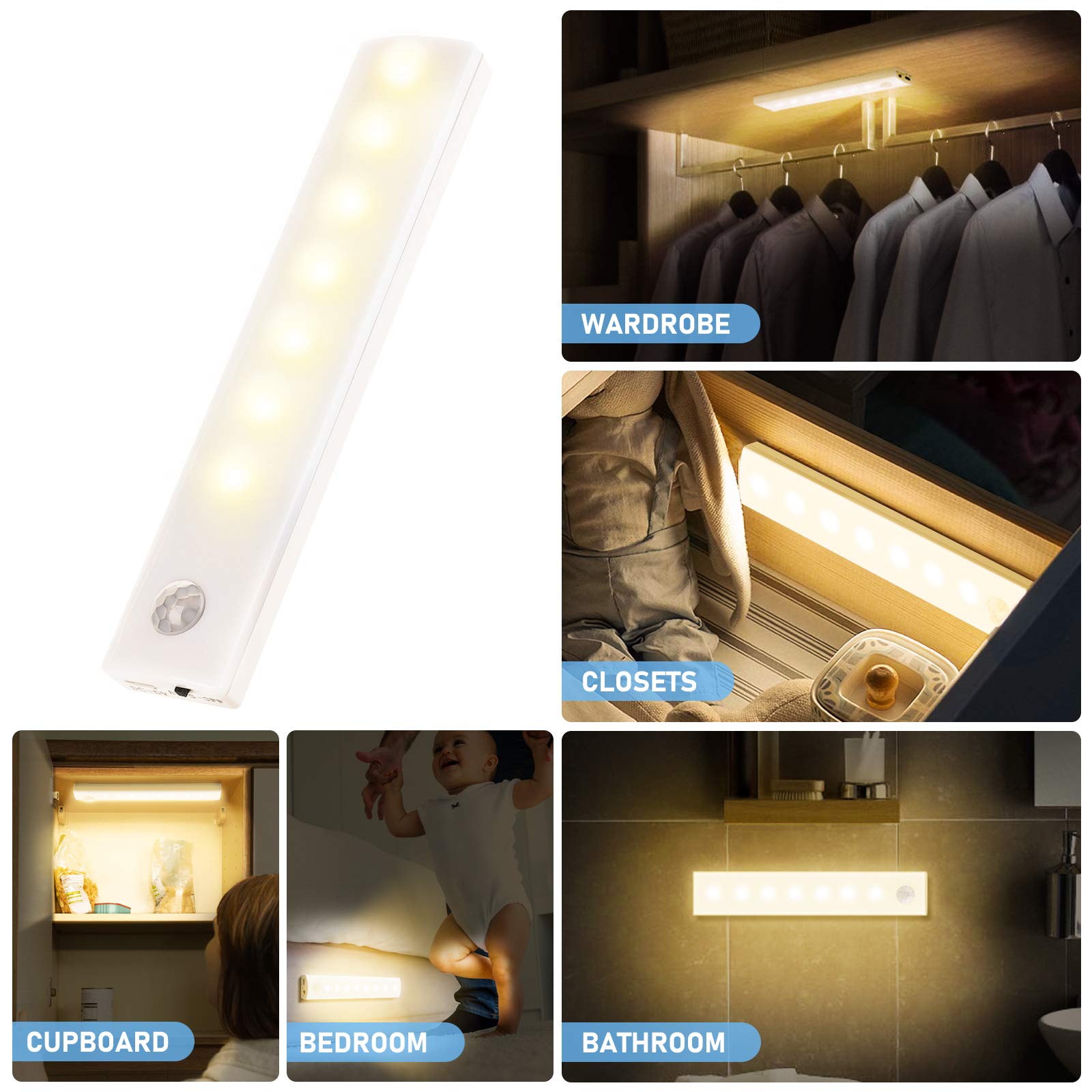 Tolare Motion Sensor Closet Light - Wireless Under Cabinet Lighting, USB Rechargeable LED Stick-on Lights for Bedroom, Kitchen & Stairs (3 Pack, Warm White) - Perfect for Nighttime Safety & Convenient Home Illumination