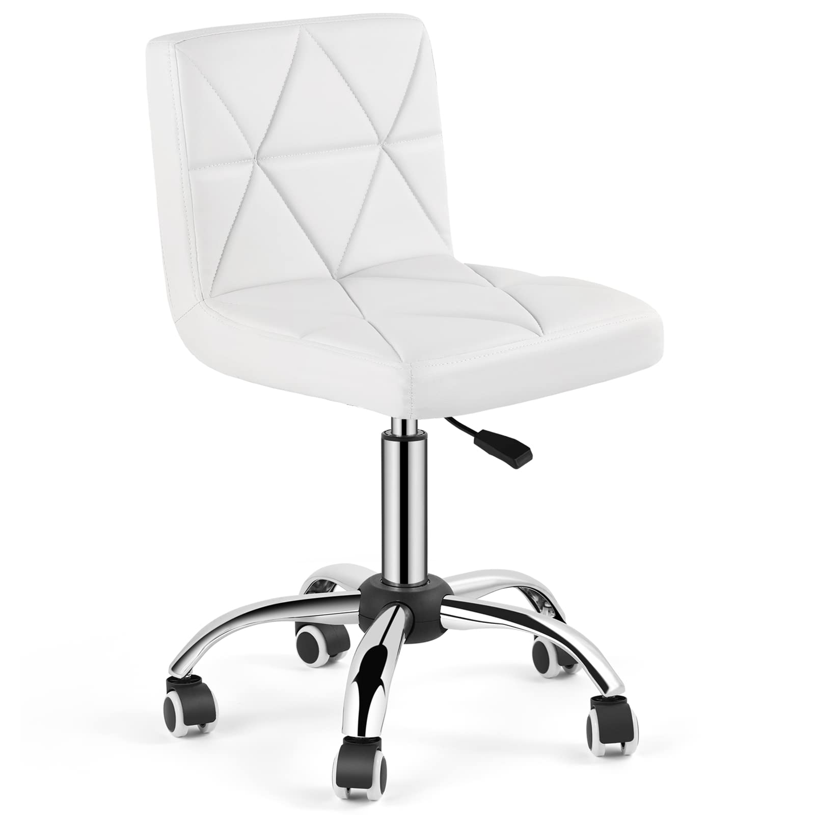 Adjustable Low Back Swivel Office Chair with Rolling Wheels - Armless Executive Desk Chair with Diamond Pattern for Home Office, Computer Work & Barber Shop - White Ergonomic Task Chair for Comfortable Working & Styling