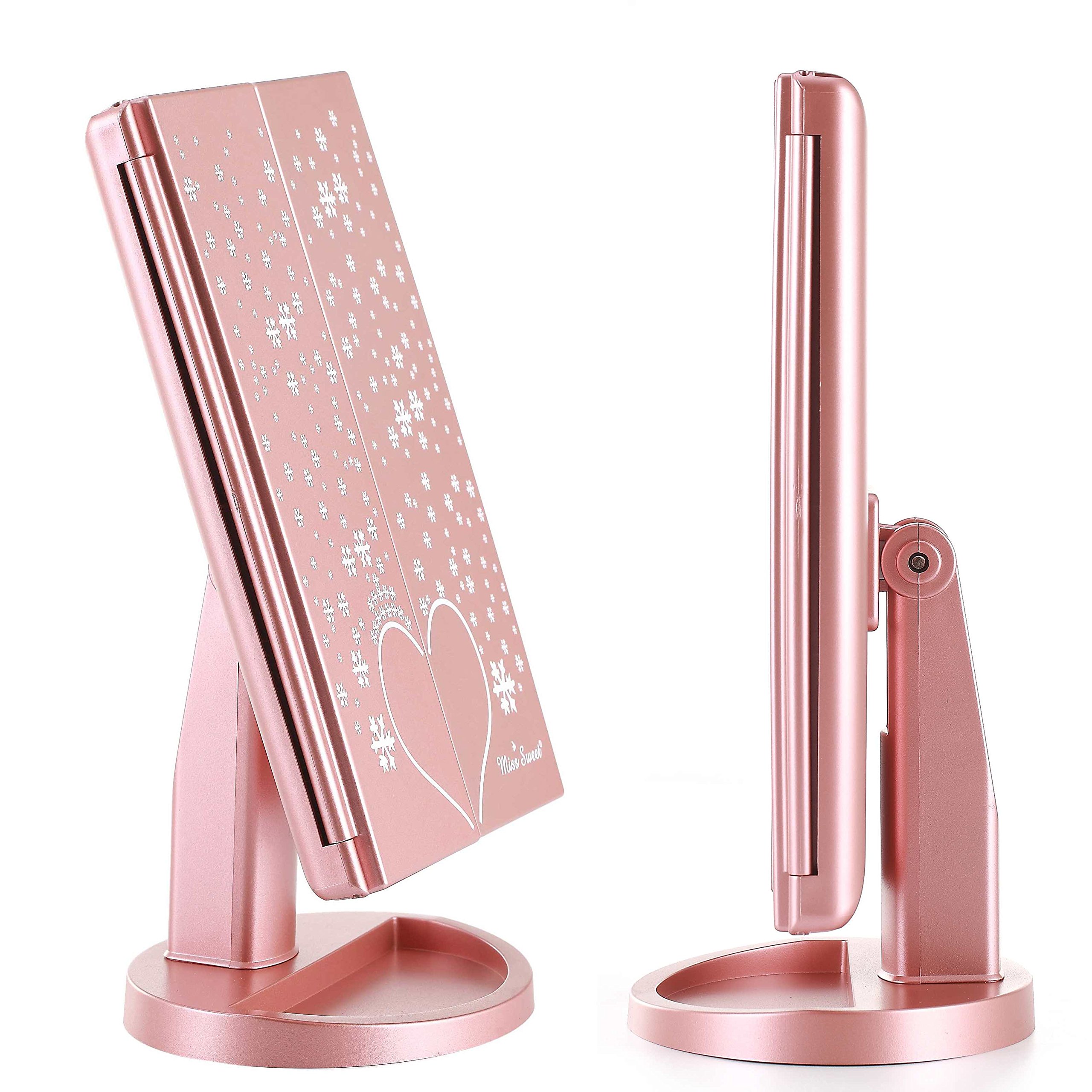 Miss Sweet Lighted Trifold Makeup Mirror - Rose Gold Vanity Mirror with LED Lights for Beauty & Makeup | Perfect for Dressing Table, Bedroom, and Travel
