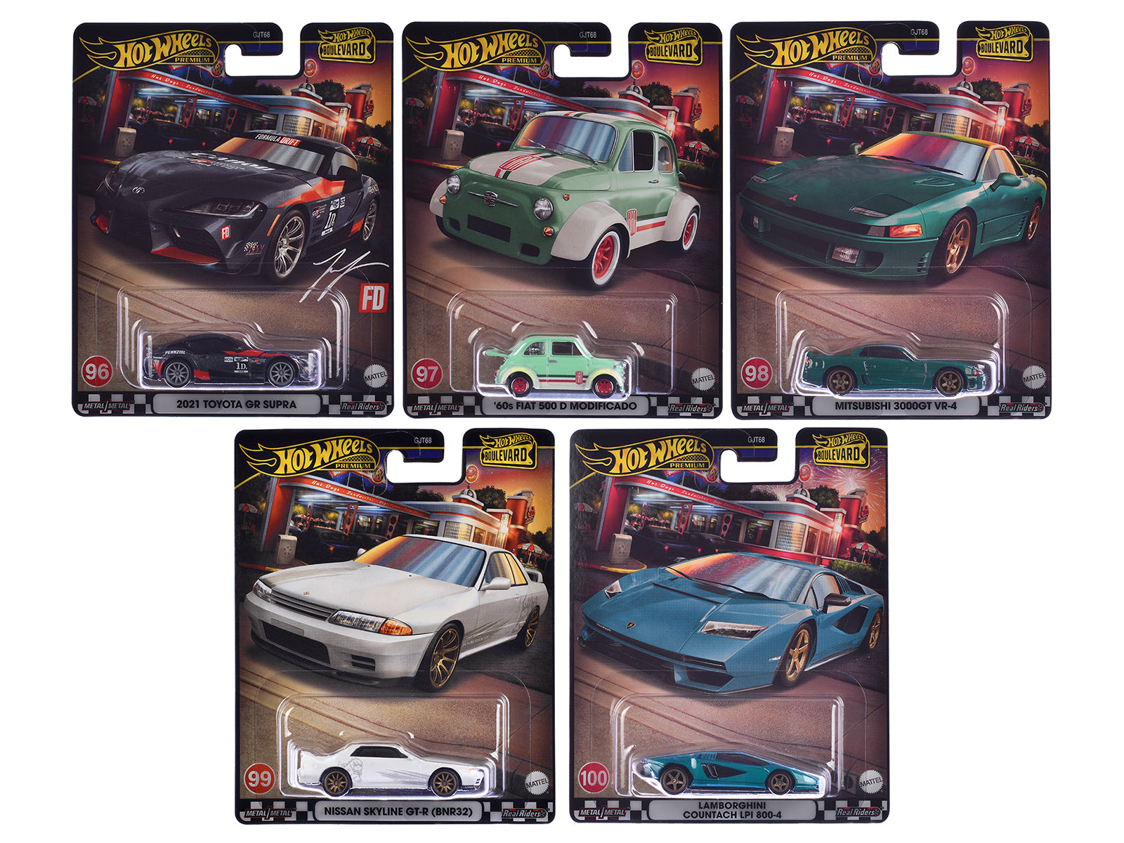 Hot Wheels Boulevard 96 100 5-Piece Diecast Model Car Set 2024 Premium Series - Collectible Toy Cars for Display & Racing Play