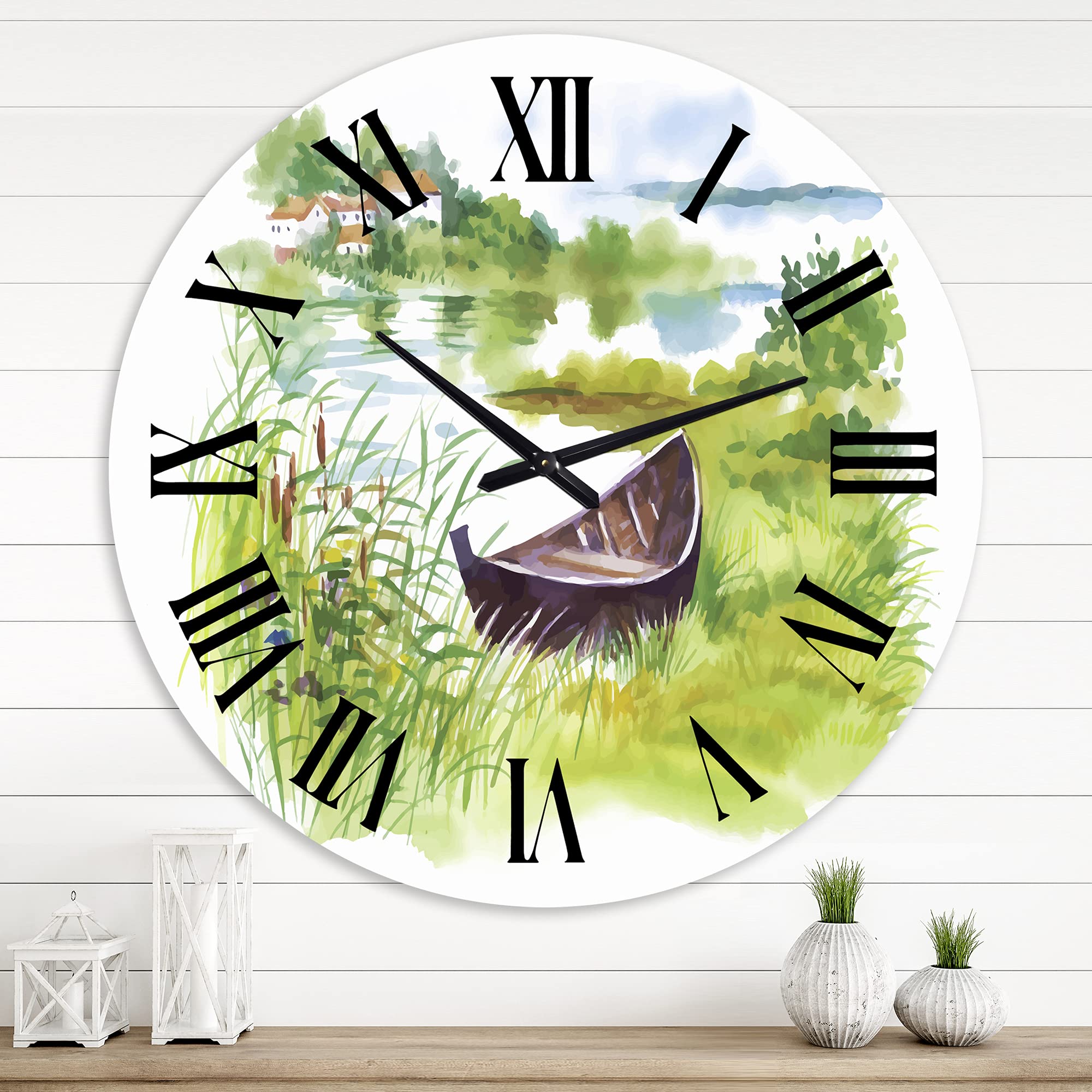 Lake House Wall Clock - Rustic Green Landscape with Boat, Large Nature-Themed Wall Clock for Kitchen, Living Room, or Cabin Decor | Perfect for Farmhouse, Cottage & Lakeside Homes