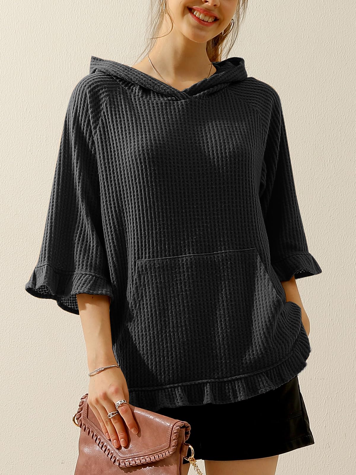 DOUBLJU Women's 2-Pack Oversized Hoodie Sweatshirt - 3/4 Ruffled Sleeve, Waffle Knit, Front Pocket, Loose Fit Casual Top for Workout, Lounge & Everyday Wear