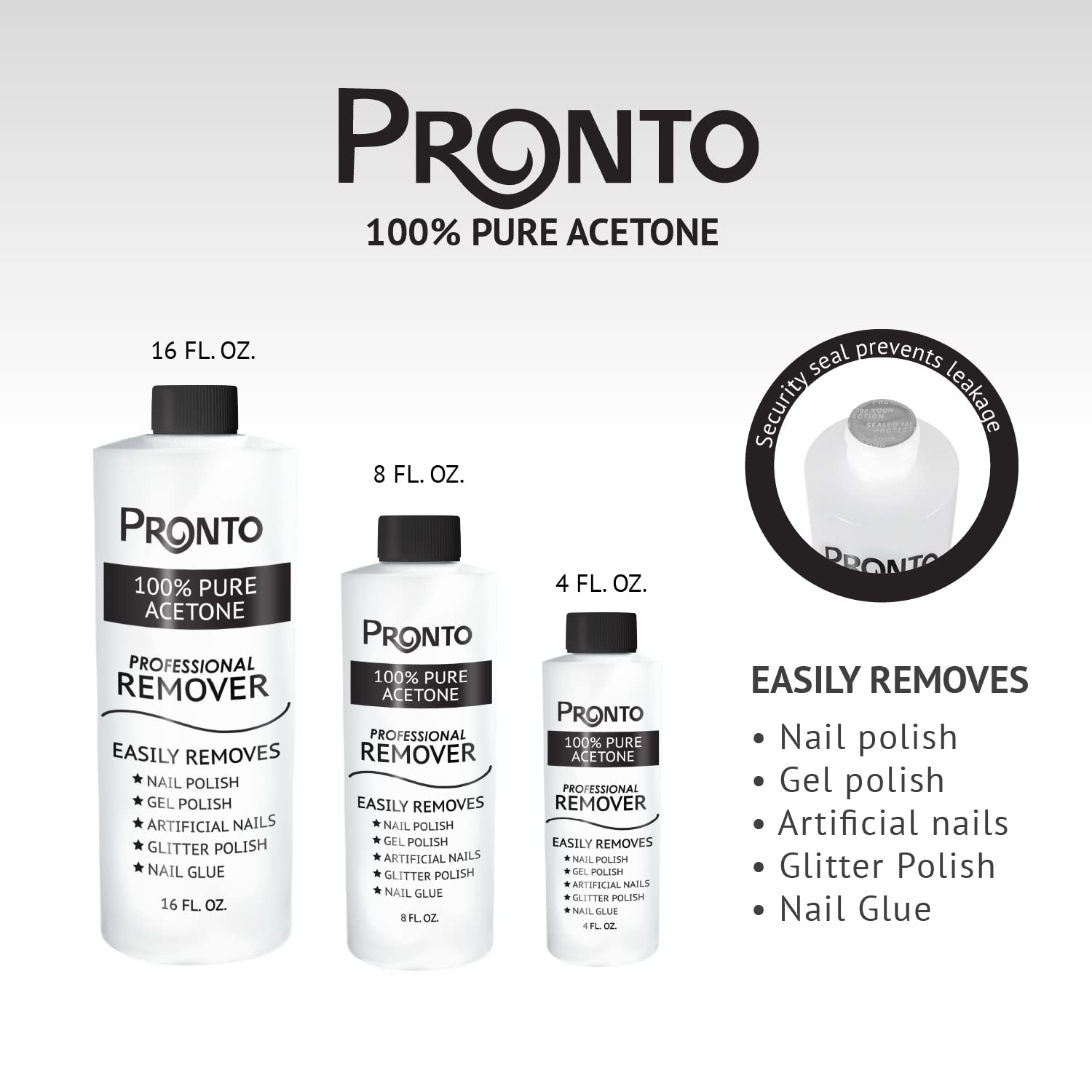 Pronto 100% Pure Acetone Gel Nail Polish Remover - 8 Fl Oz (Pack of 2) | Fast Acting Nail Polish Remover for Gel, Acrylic & Dip Nails | Professional Salon & Home Manicure Use
