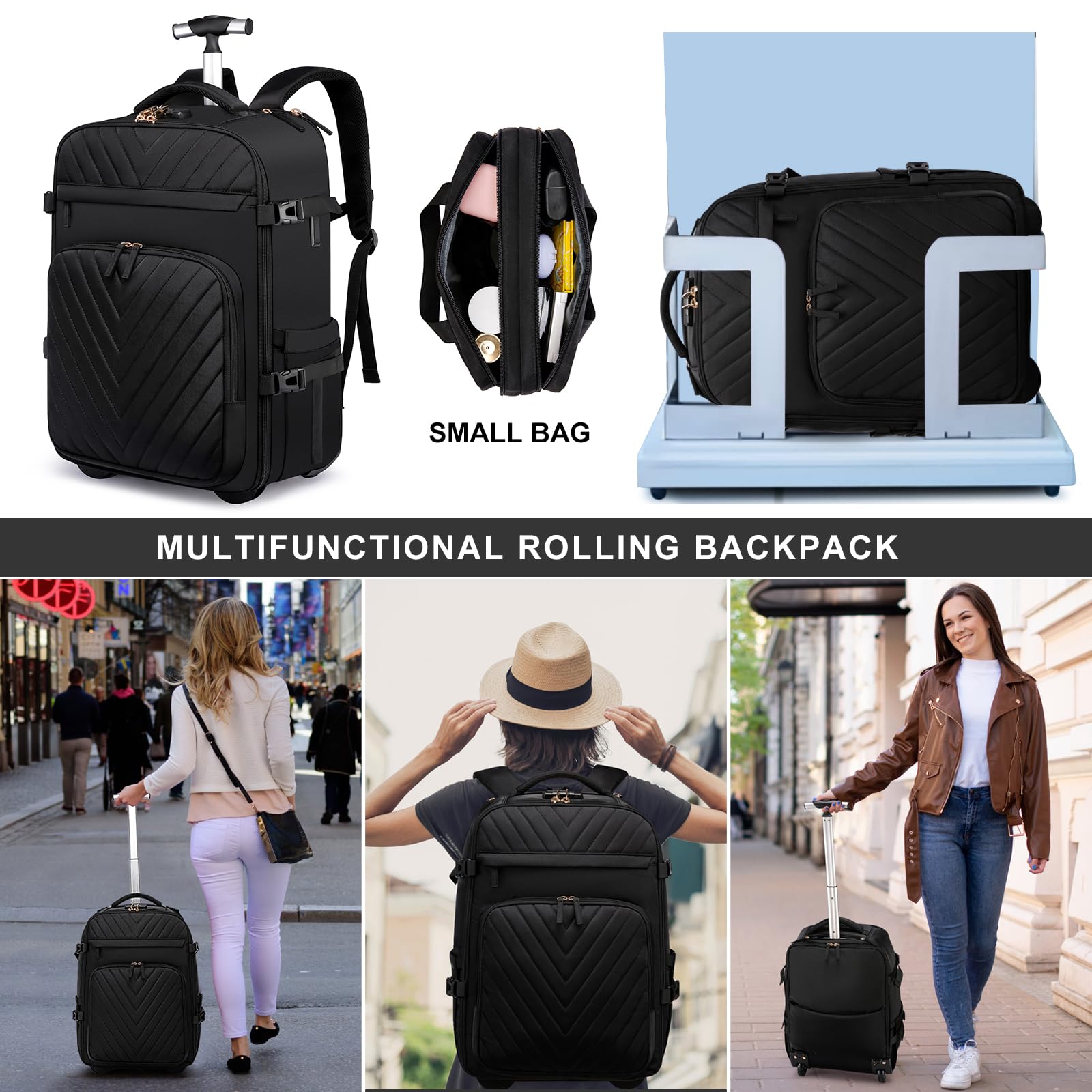 Expandable Rolling Backpack for Men - USB Charging Port & Anti-Theft Lock, Waterproof Business Travel Laptop Backpack with 6 Compartments (Black) - Perfect for Air Travel, Commuting & Business Trips