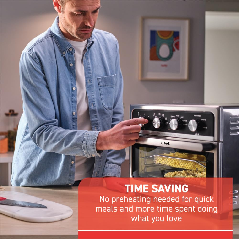 T-fal 9-in-1 Toaster Oven Air Fryer Combo - Stainless Steel Convection Countertop Oven with Fast Heat-Up, 7 lb Chicken Capacity - Toast, Bake, Air Fry, Reheat, Broil - Perfect for Small Kitchens, Dorms & Quick Meals