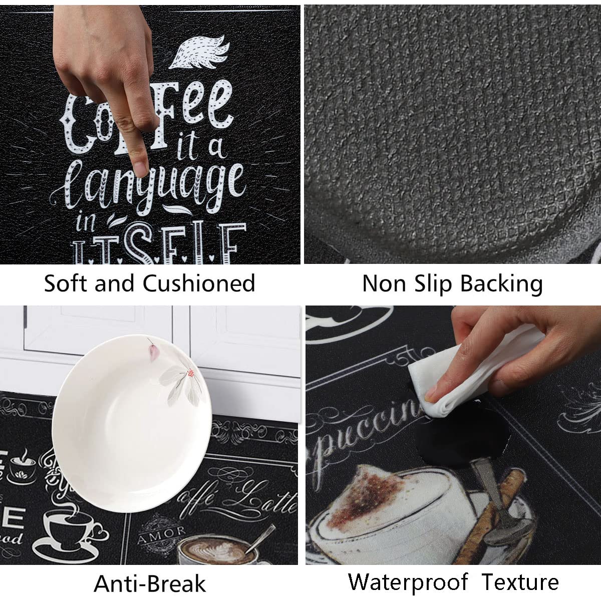 Famibay 2-Piece Anti-Fatigue Kitchen Mats Set - Non-Slip Waterproof Cushioned Floor Mat with Coffee Design, Easy to Clean Foam Rug for Kitchen Sink, Laundry & Standing Areas (17