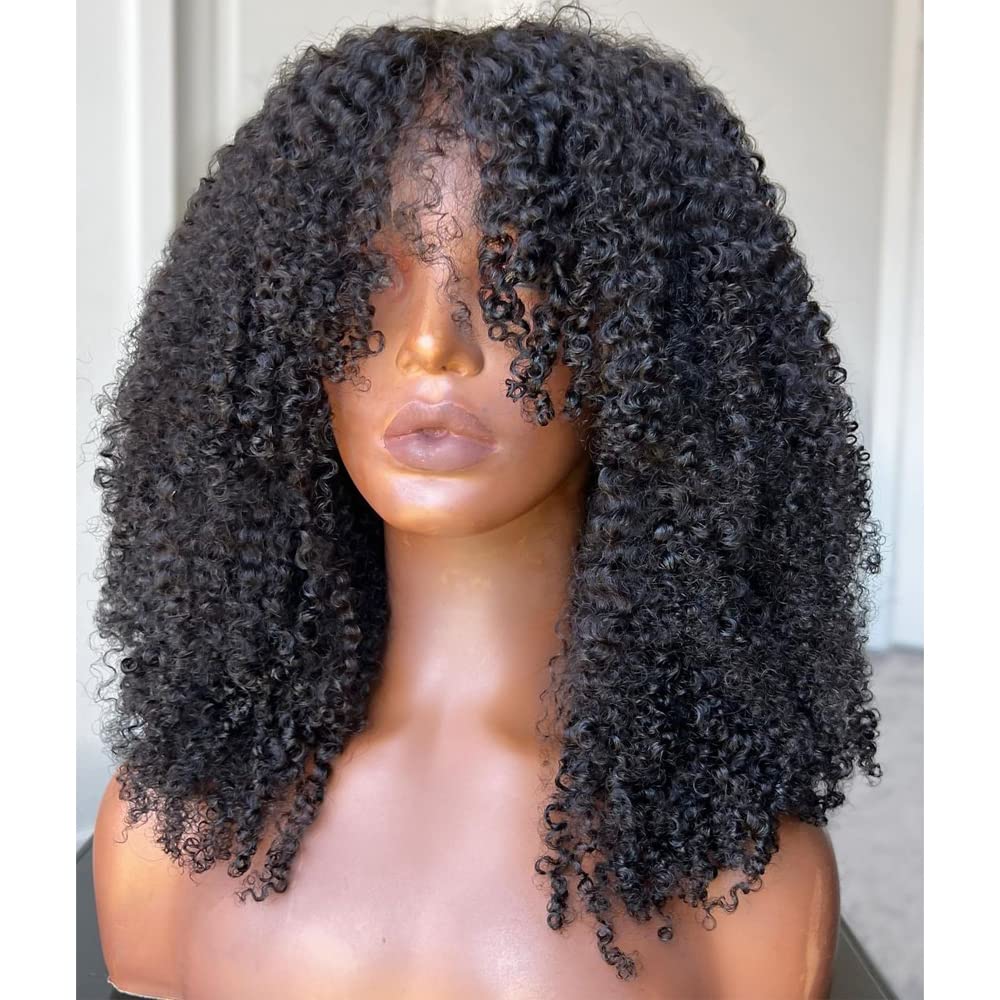 180 Density Afro Kinky Curly Human Hair Wig with Bangs - Brazilian Remy Hair Machine Made Scalp Top - Bouncy Curly Wigs for Black Women - Perfect for Cosplay, Daily Wear & Special Occasions