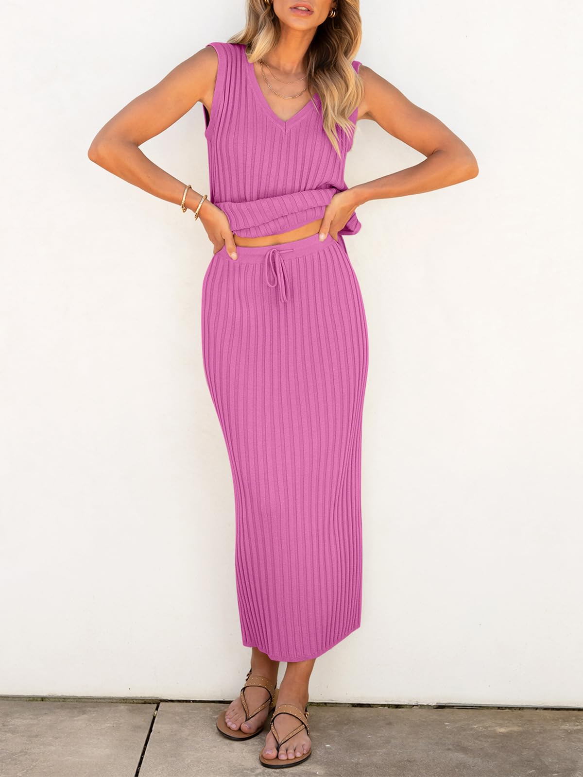 Women's 2 Piece Outfits Summer Sweater Skirt Sets - Casual Sleeveless V Neck Ribbed Vest & Knit Tops with Midi Dress | Perfect for Beach Vacation, Date Night & Office Wear