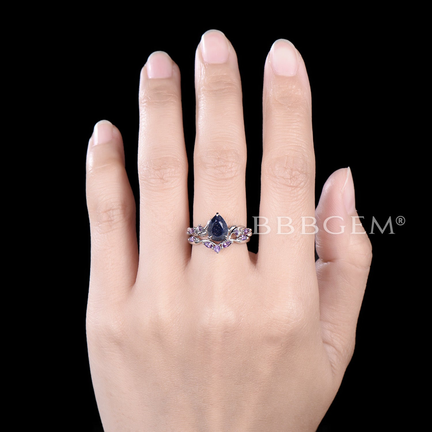 Twig Leaf Pear Blue Sandstone & Amethyst Ring Set - Elegant Cluster Gemstone Jewelry for Women - Perfect for Weddings, Parties & Everyday Wear