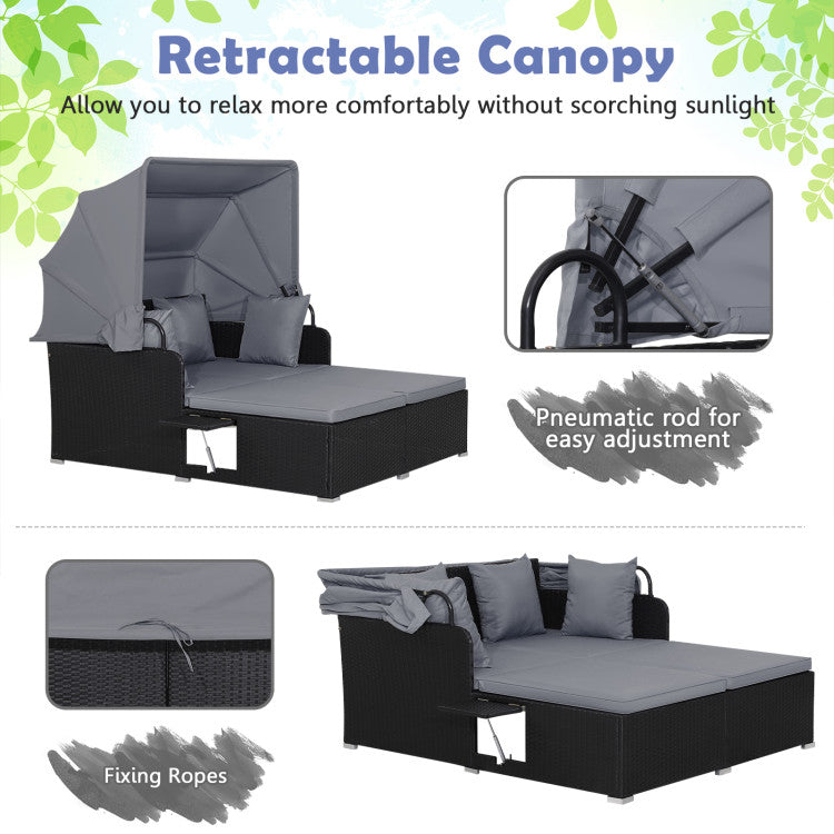 Costway Outdoor Patio Rattan Daybed with Retractable Canopy & Side Tables - Black - Perfect for Poolside Lounging, Garden Relaxation & Backyard Sunbathing