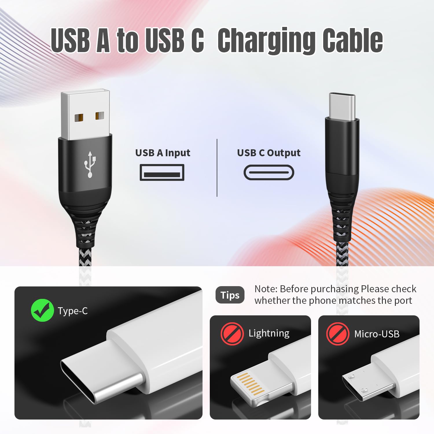 6FT USB A to USB C Fast Charging Cable - 3A Nylon Braided CarPlay Compatible Cord for iPhone 16/15, iPad, Samsung Galaxy S24/S23 & More (2-Pack) - Perfect for Home, Office & Car Charging