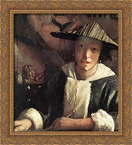 Johannes Vermeer Young Girl With A Flute 20x22 Gold Ornate Wood Framed Canvas Art Print - Vintage Dutch Masterpiece Wall Decor for Living Room, Bedroom & Office - Perfect Gift for Art Lovers & Home Decoration