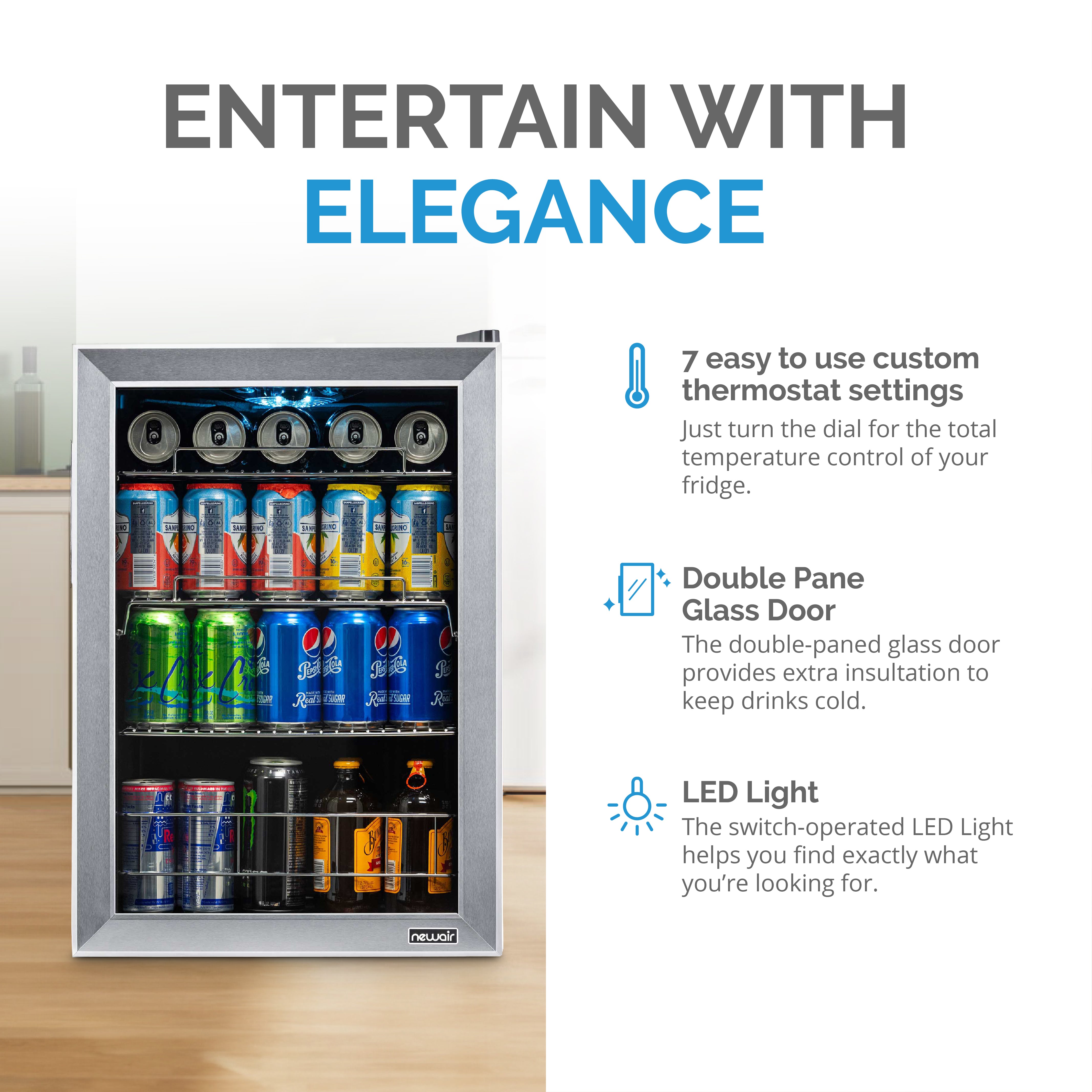 Newair® 90 Can Freestanding Stainless Steel Beverage Refrigerator - Perfect for Home Bars, Offices, and Game Rooms - Keep Drinks Cold and Organized