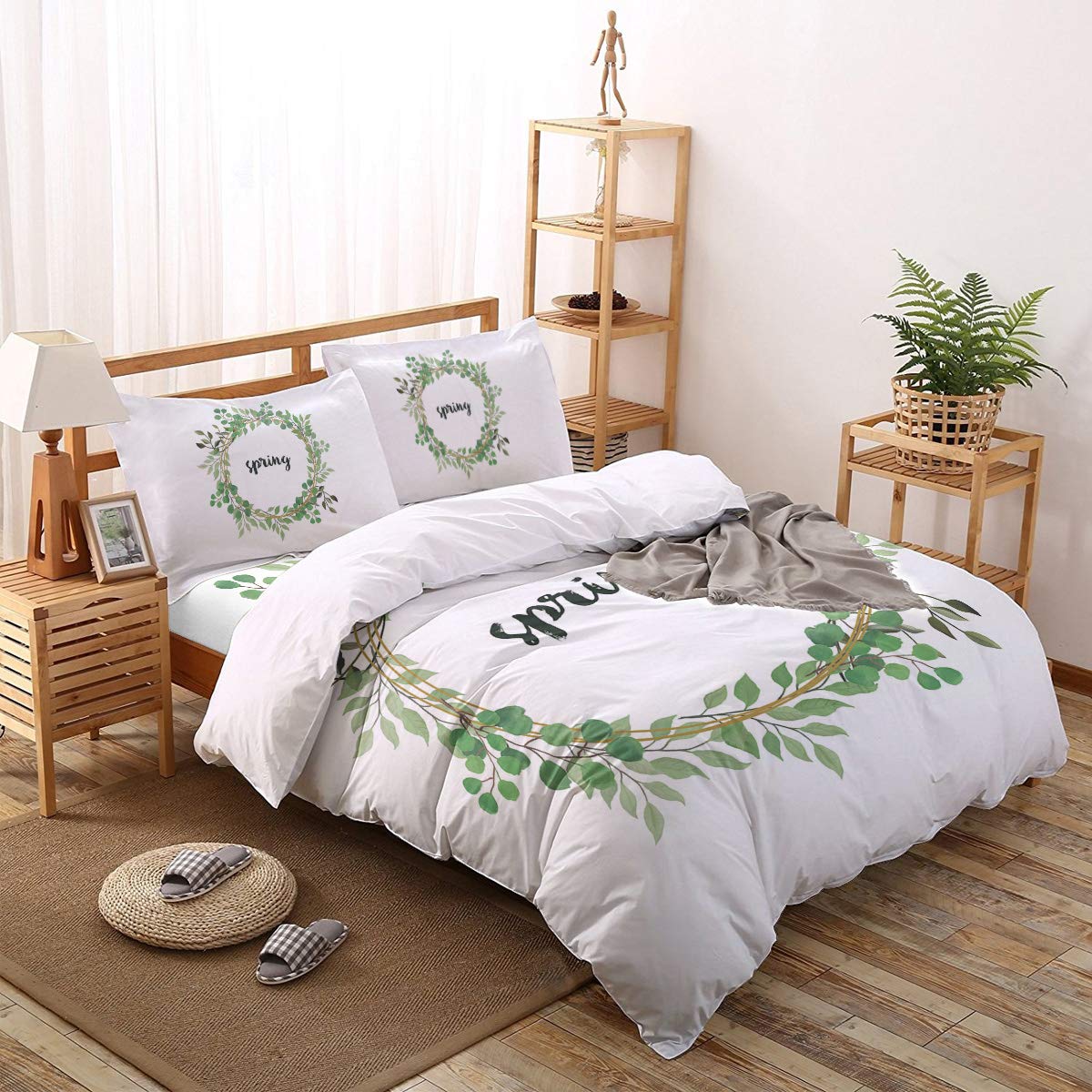 Luxury 4-Piece Queen Size Duvet Cover Set - Soft Green Leaf Floral Pattern Bedding with 1 Duvet Cover, 1 Fitted Sheet & 2 Pillowcases | Breathable Comfort for Spring & Summer Nights | Perfect for Master Bedroom, Guest Room & Vacation Homes
