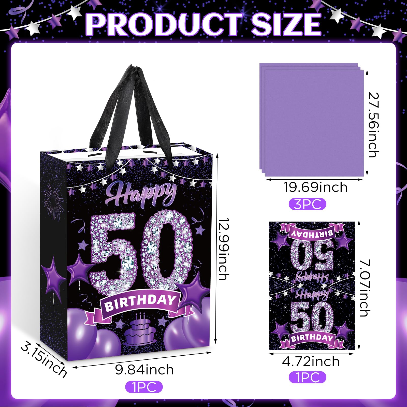 Elegant Black & Purple 50th Birthday Gift Bag Set with Greeting Card & Tissue Paper - Perfect for Women's Milestone Celebration & Party Decorations - Great for Birthday Parties, Anniversary Gifts & Special Occasions