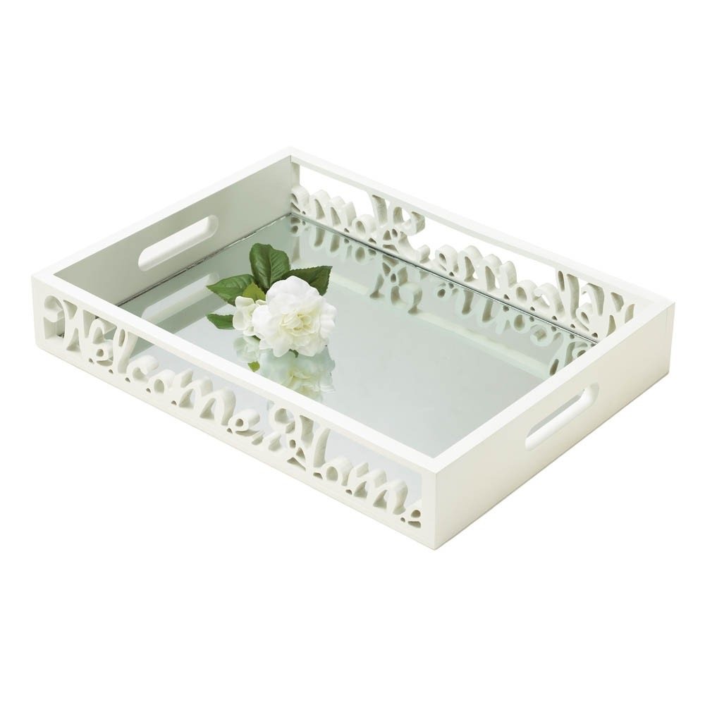 Smart White Rectangle Wood Serving Tray with Mirror - Elegant Home Decor for Dining, Bathroom & Vanity Organization - Perfect for Entertaining, Jewelry Display & Decorative Storage