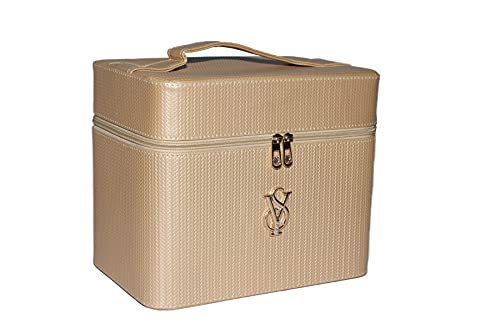 Janvi Beauty Professional Makeup Case - 2-Sided Open Vanity Cosmetic Organizer with Golden Finish | Perfect for Salon, Travel & Home Storage