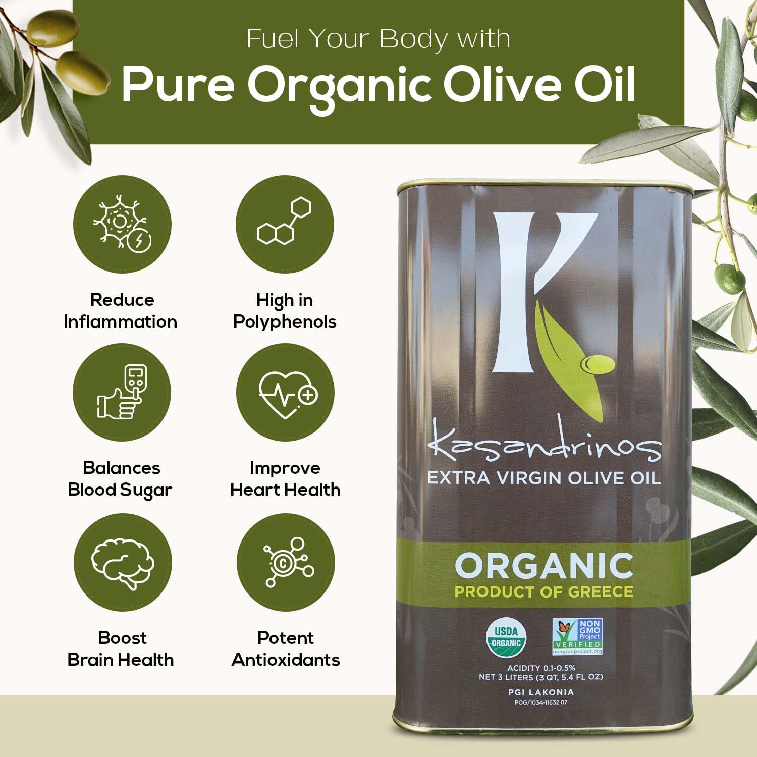 Kasandrinos Organic Extra Virgin Greek Olive Oil - 3 Liter (Pack of 2) | Cold Pressed, Unfiltered | Perfect for Cooking, Salad Dressing & Healthy Recipes