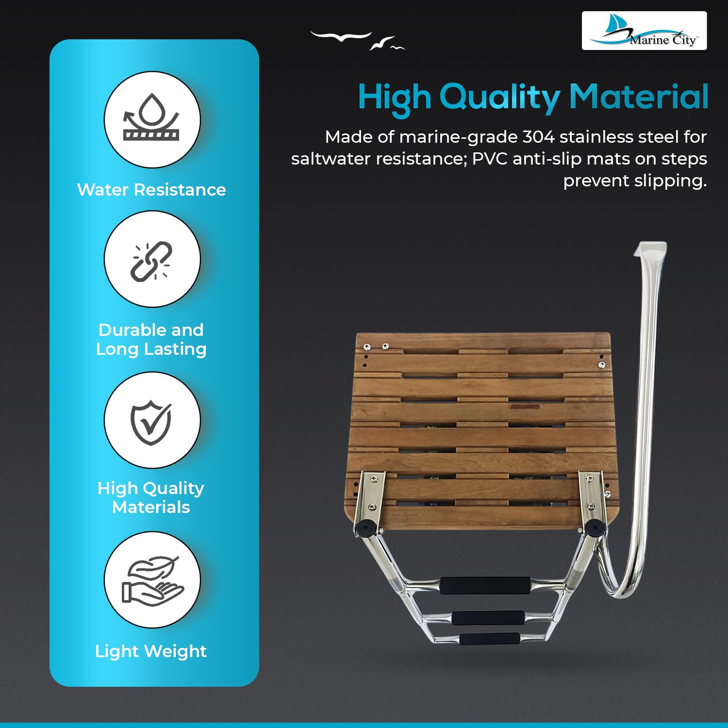 MARINE CITY Stainless Steel Swim Teak Platform Boat Ladder - Corrosion Resistant Marine Ladder for Boats, Ships & Yachts | Low Maintenance Design | Perfect for Swimming, Boarding & Water Sports Activities