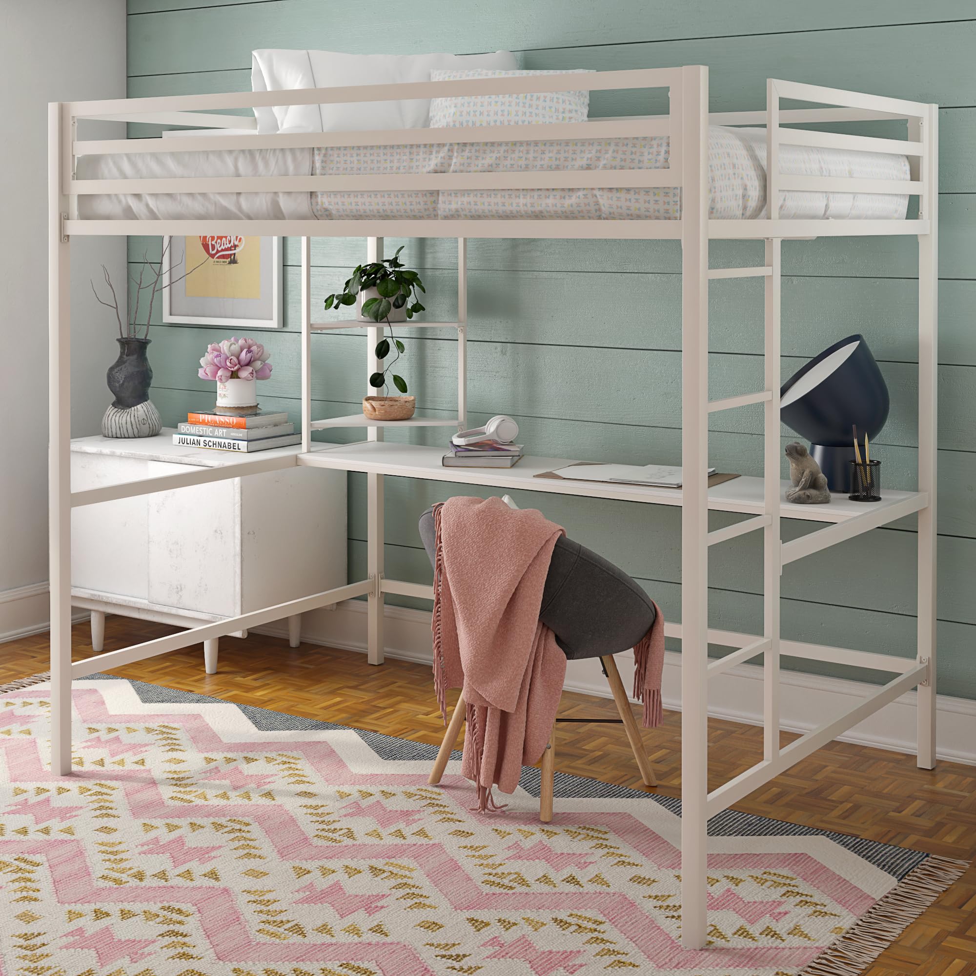 Novogratz Maxwell Metal Full Loft Bed with Desk & Shelves, Off White - Space-Saving Study & Sleep Solution for Small Rooms, Dorms & Apartments
