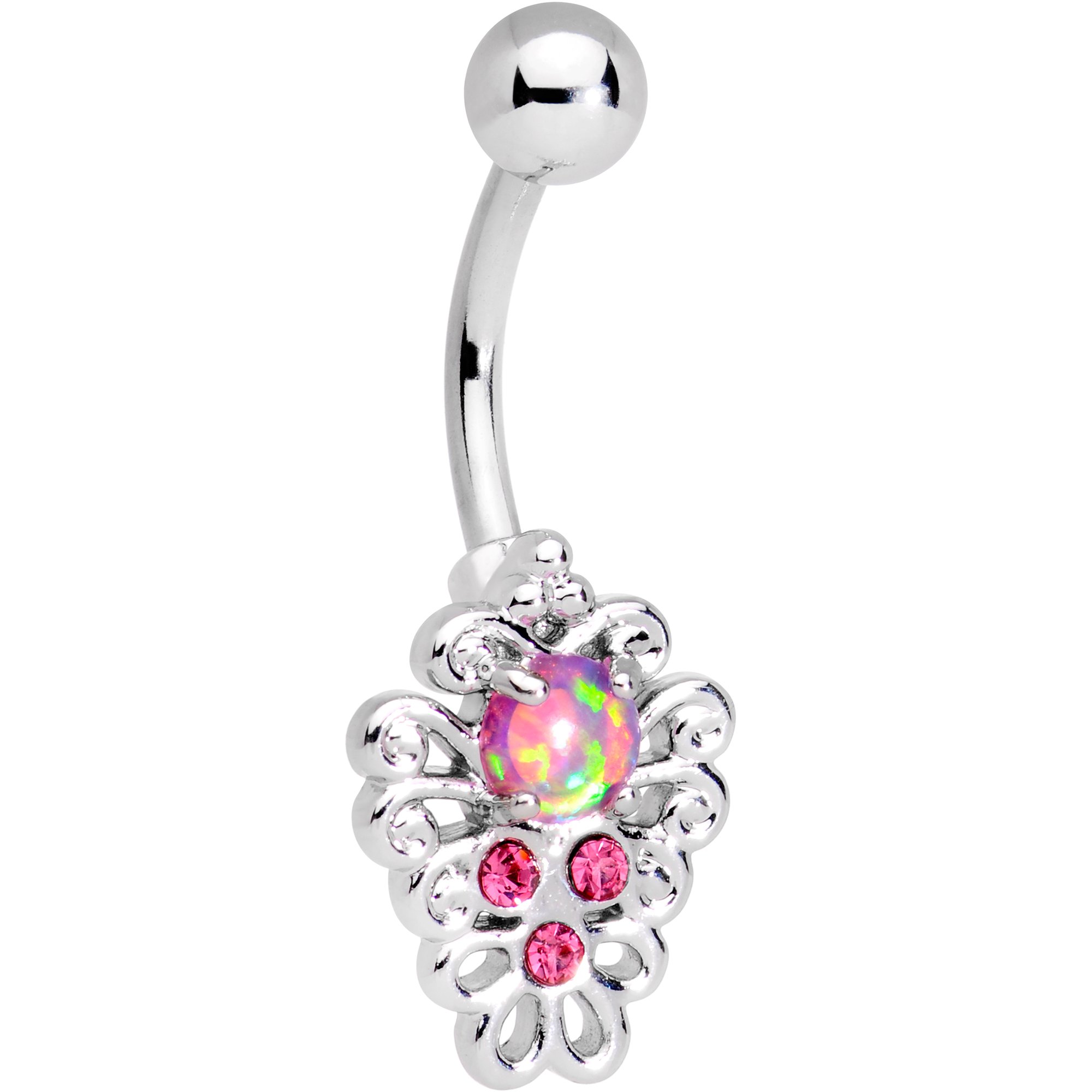 Body Candy Steel Iridescent Pink Accent Filigree Pendant Belly Button Ring - Stylish Navel Jewelry for Women, Perfect for Summer Outfits & Beach Wear