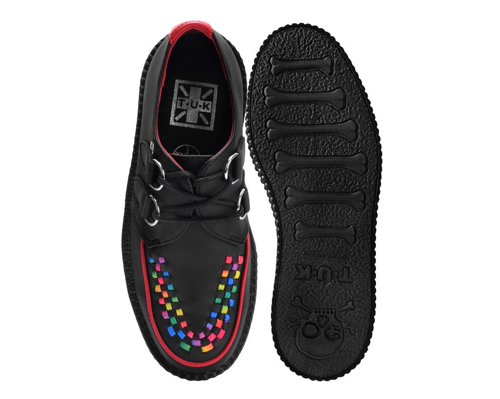 Black TUKskin Rainbow Interlace Viva Mondo Creeper Platform Boots - Gothic Punk Rock Shoes for Women - Perfect for Concerts, Cosplay & Alternative Fashion