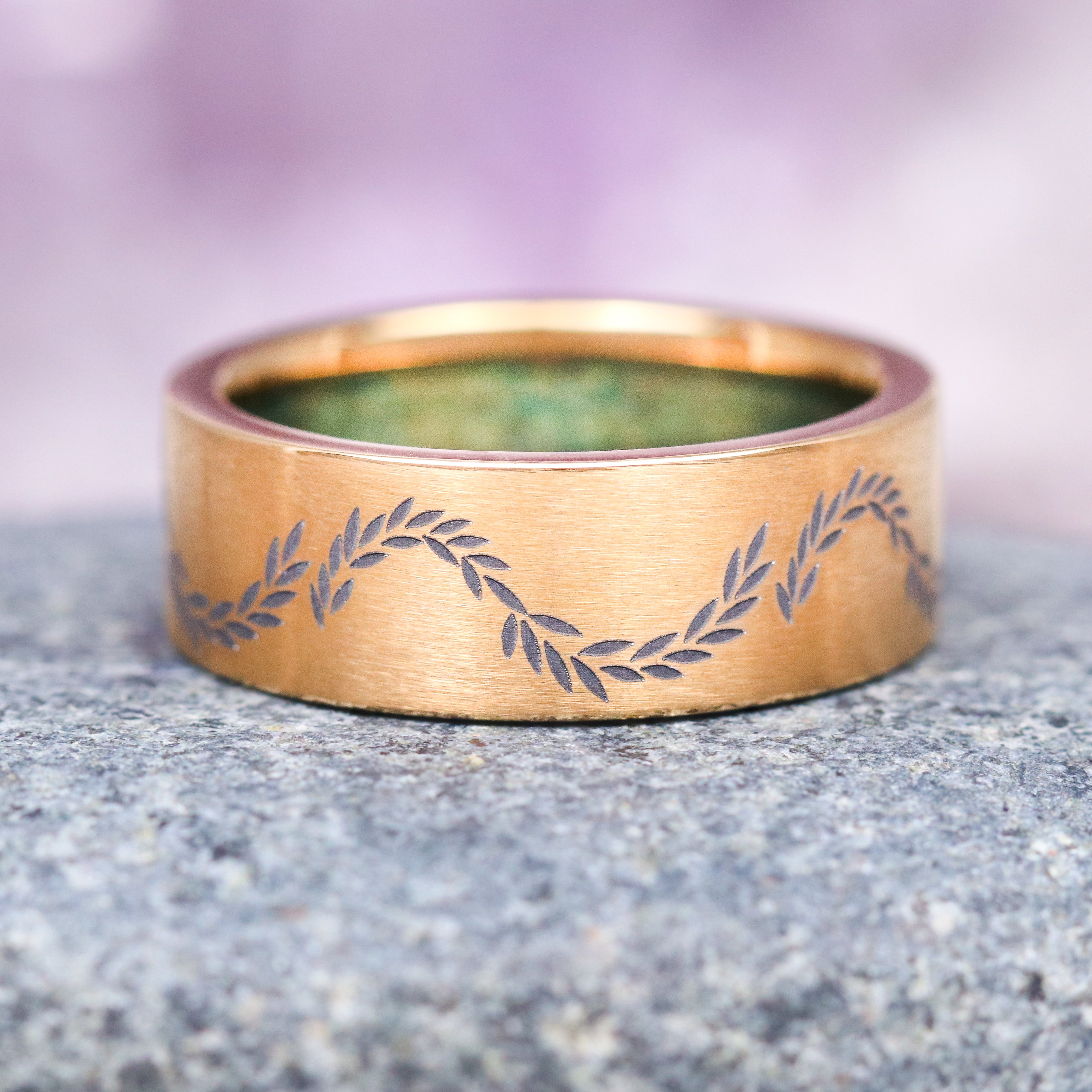 Green Moss Agate Leaf Wedding Band - 8mm Yellow Gold Titanium Ring for Women, Nature-Inspired Jewelry - Perfect for Engagement, Anniversary & Boho Style Wedding