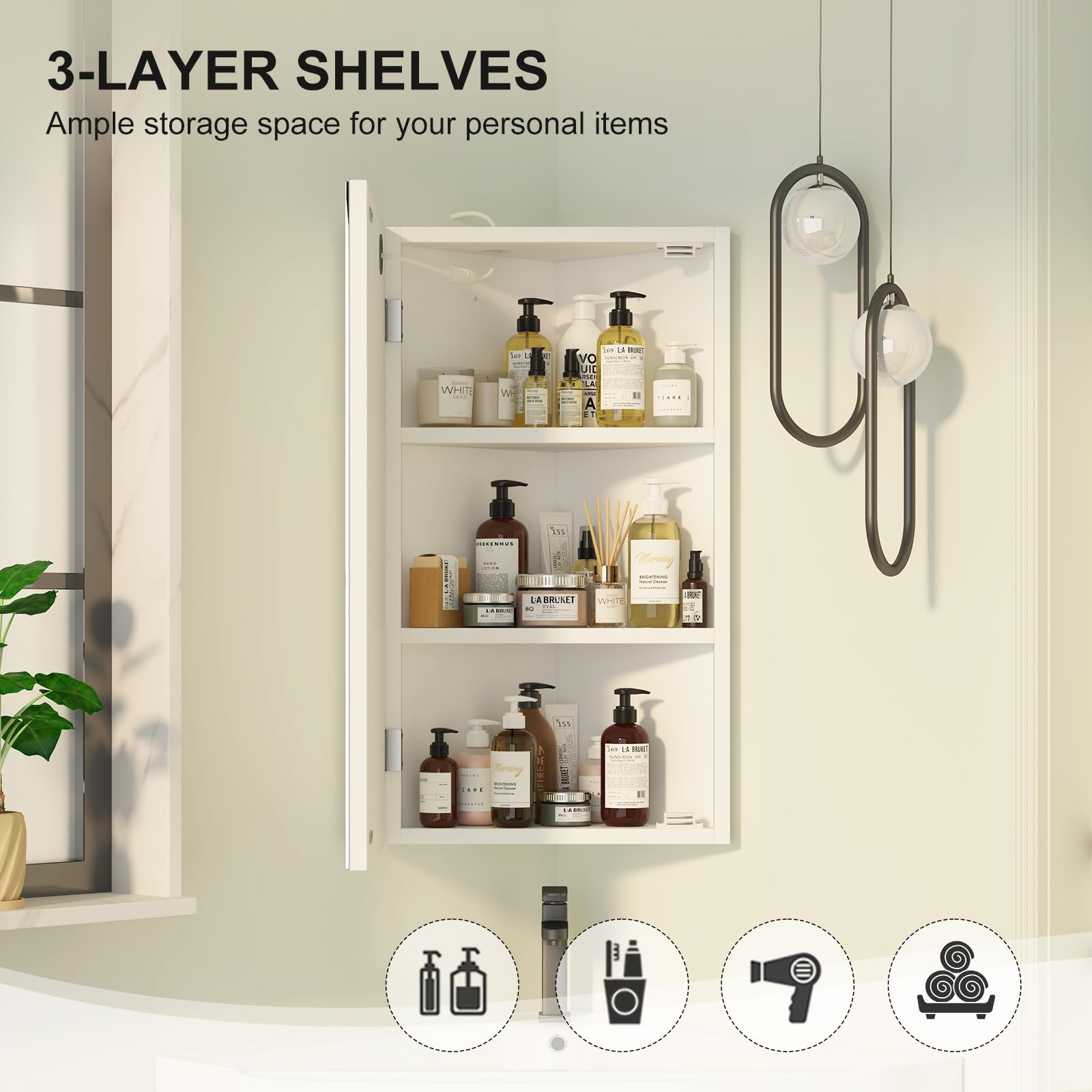 Corner Medicine Cabinet with LED Lights and Mirror - 14x24 Inch Small Wall Mounted Bathroom Cabinet in White - Perfect for Bathroom, Vanity, and Small Space Storage