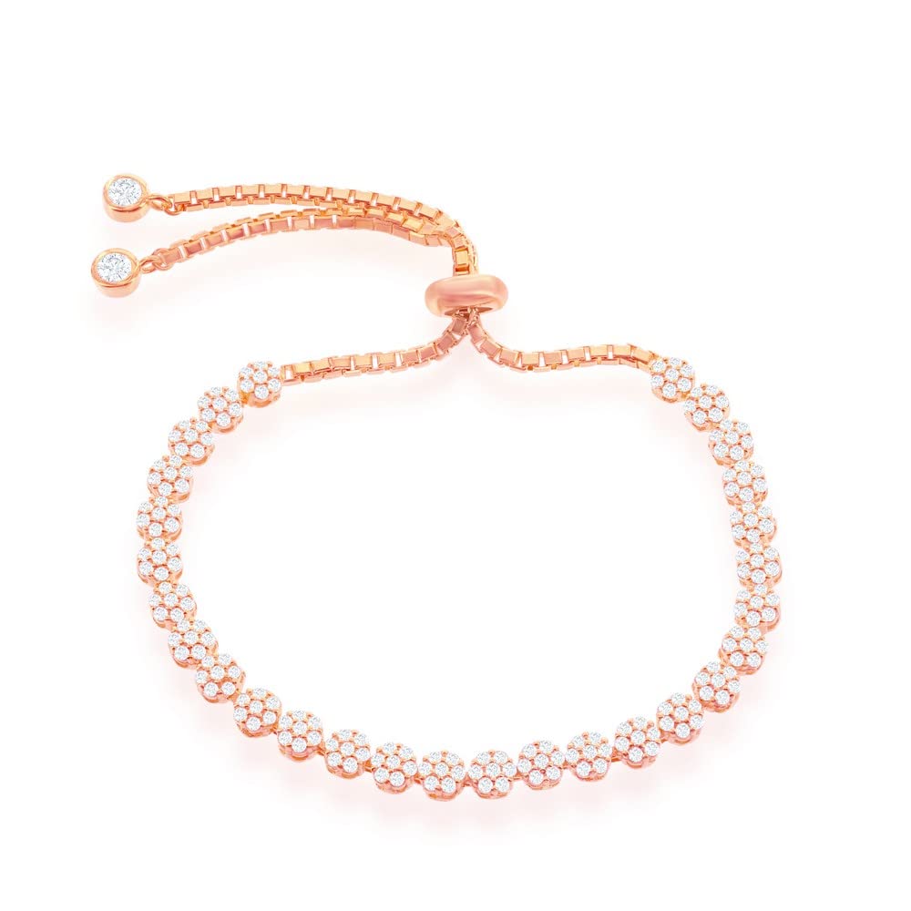 925 Sterling Silver Rose Flower Charm Bracelet with CZ Stones - Adjustable Bolo Design for Women | Perfect for Valentine's Day Gifts, Bridesmaid Jewelry & Everyday Wear