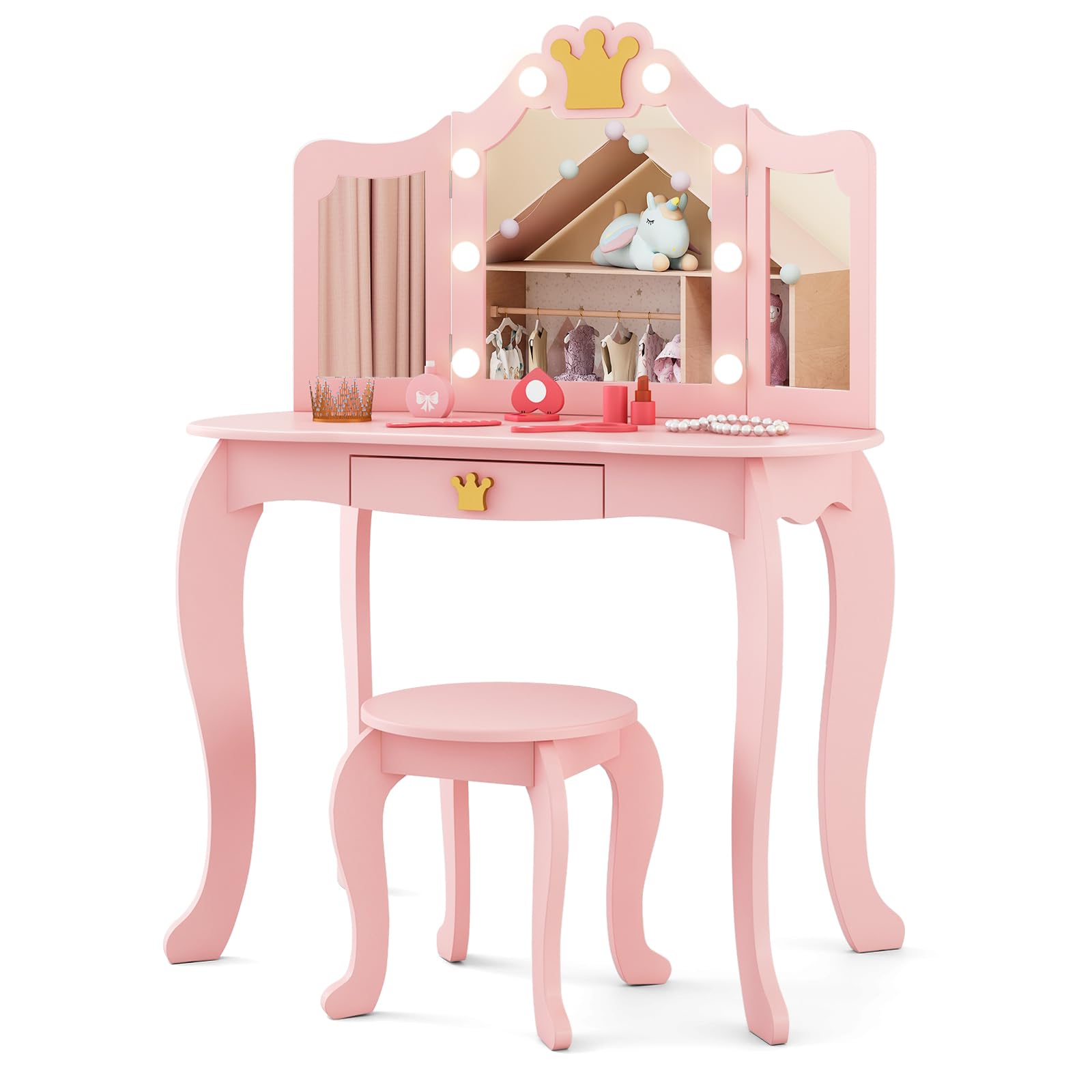 Costzon Kids Vanity Set with LED Lights & Stool - Pink Princess Makeup Dressing Table with Mirror, Drawers & Chair for Girls - Toddler Pretend Play, Birthday Gift & Bedroom Decor (Pink)