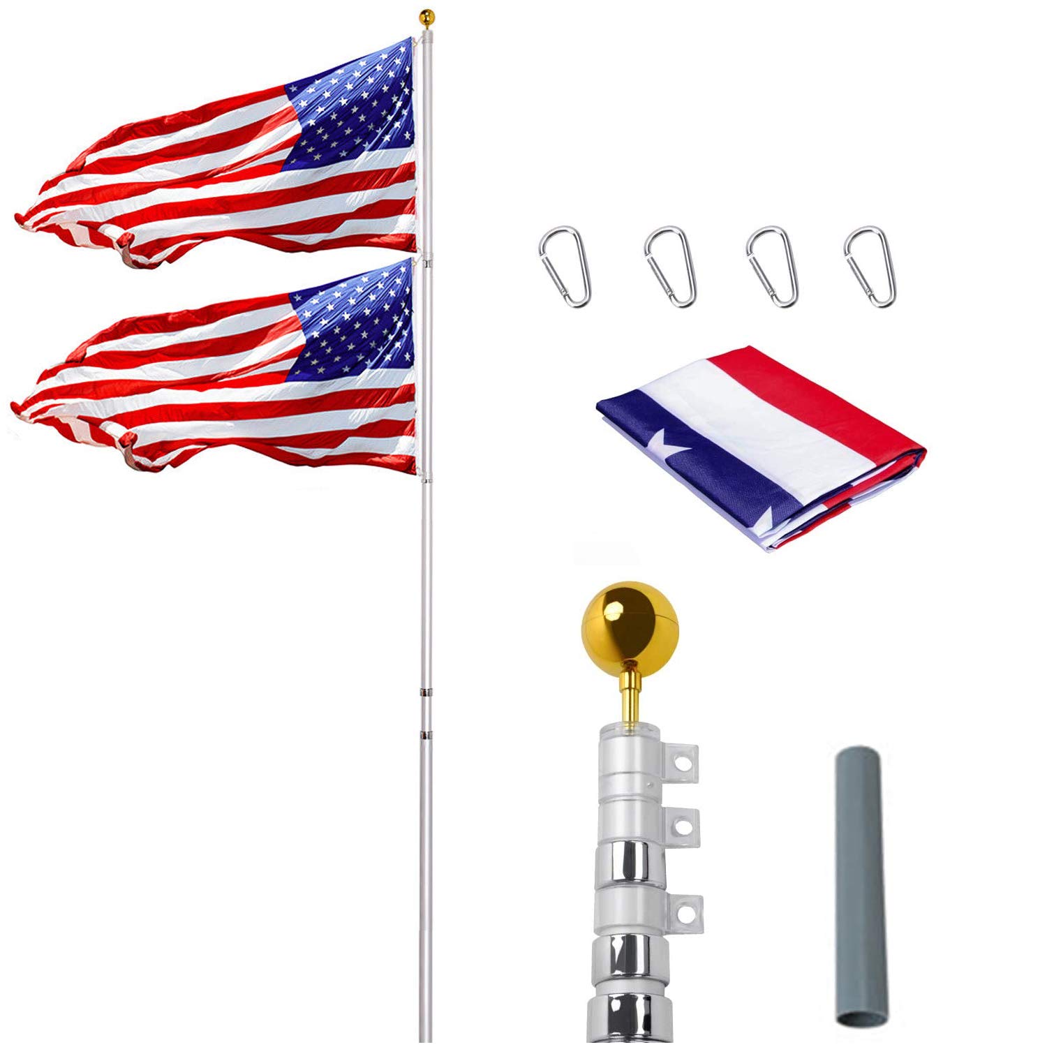 Supole Extra Thick 25FT Telescoping Flag Pole Kit - Heavy Duty 16 Gauge Aluminum Flagpole with 3'x5' US Flag & Golden Ball - Extendable Outdoor Flagpole for Residential, Commercial & Patriotic Displays