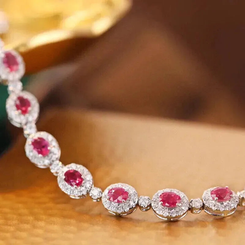 18K Solid White Gold Diamond & Natural Ruby Tennis Bracelet for Women | Elegant Jewelry Gift for Weddings, Parties & High-Class Banquets | Aazuo Fine Jewelry