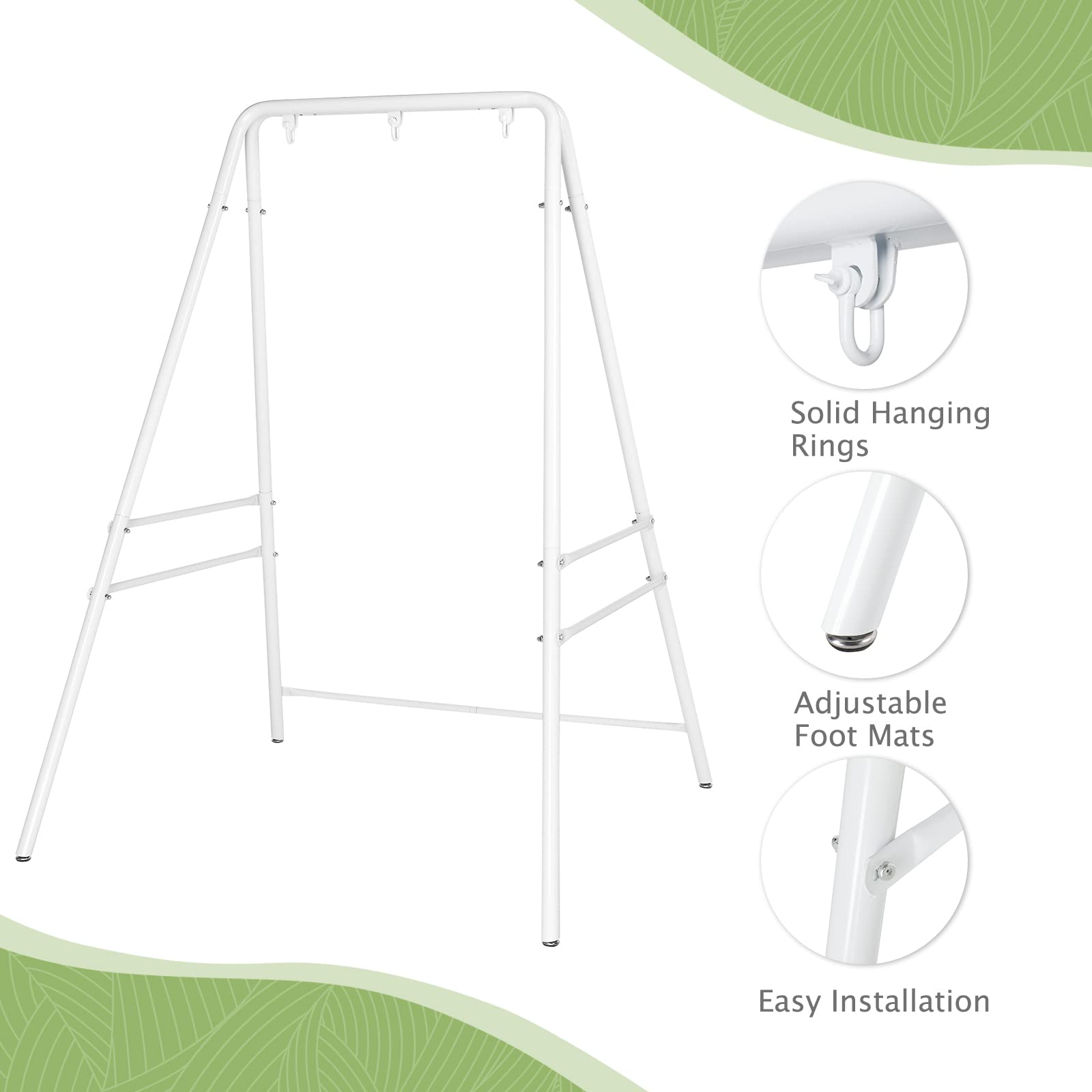 Heavy-Duty Wrought Iron Hammock Chair Stand with 3 Rings - Adjustable 4-Legged Swing Stand for Indoor/Outdoor Use - Sensory Swing Stand with Non-Slip Foot Pads - Perfect for Porch, Patio, Garden, Nursery or Meditation Space (White)