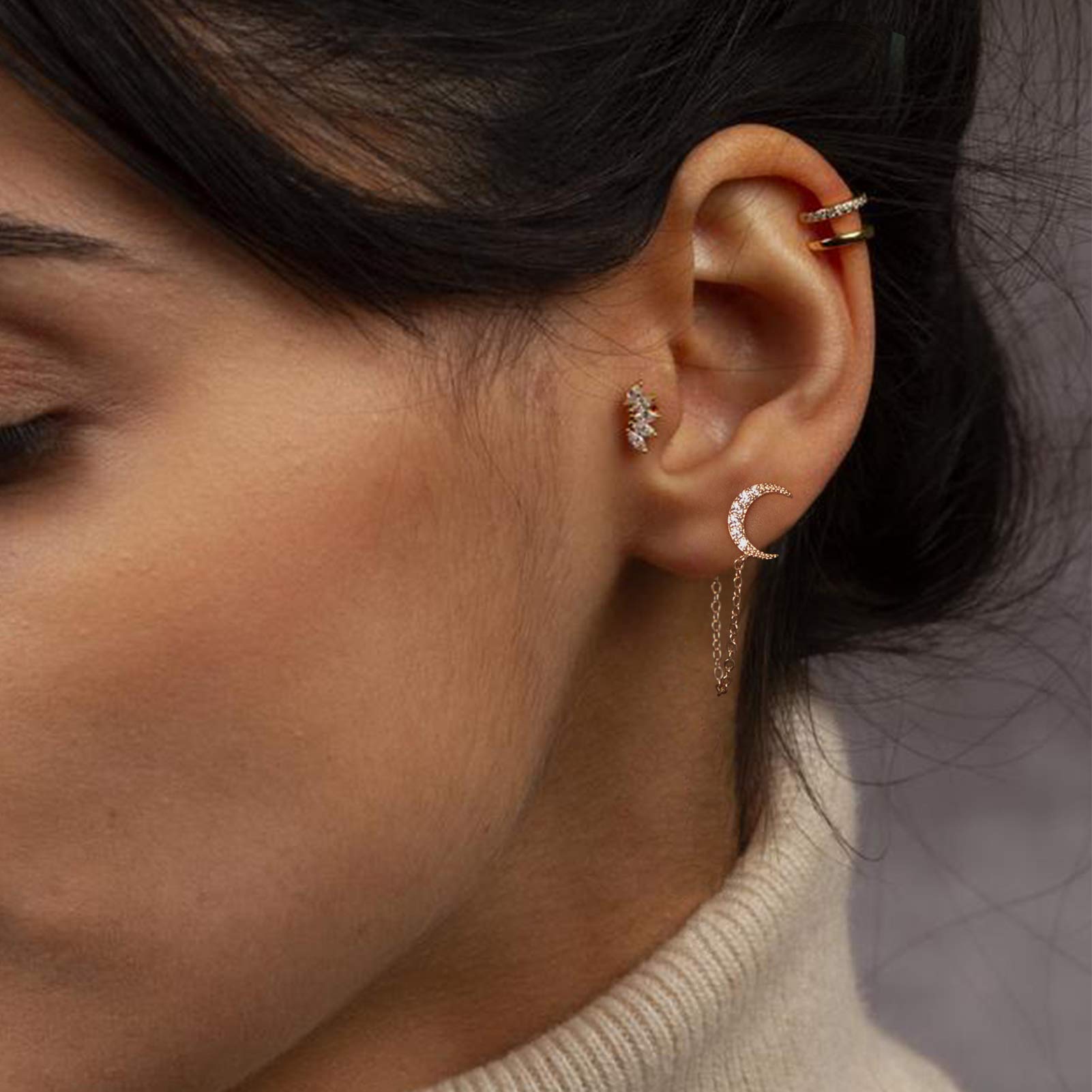 14K Gold Plated Dainty Cubic Zirconia Chain Stud Earrings for Women - Hypoallergenic Small Dangle Earrings with Elegant Chain - Perfect Gift for Birthday, Anniversary & Everyday Wear