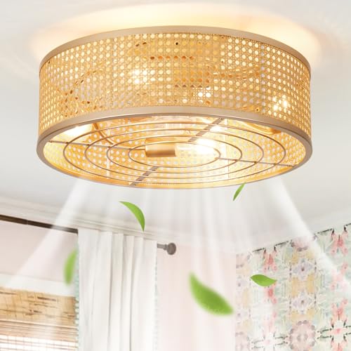 20 Inch Gold Rattan Caged Ceiling Fan with Light Flush Mount