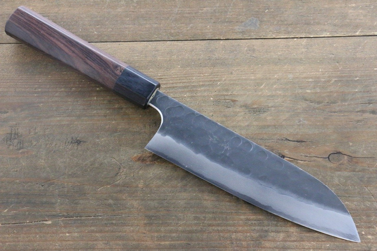 Premium Seisuke Blue Steel No.2 Hammered Kurouchi Santoku Knife 165mm with Shitan Handle - Japanese Kitchen Knife for Professional Chefs & Home Cooking, Perfect for Slicing, Dicing & Chopping Vegetables, Meat & Fish