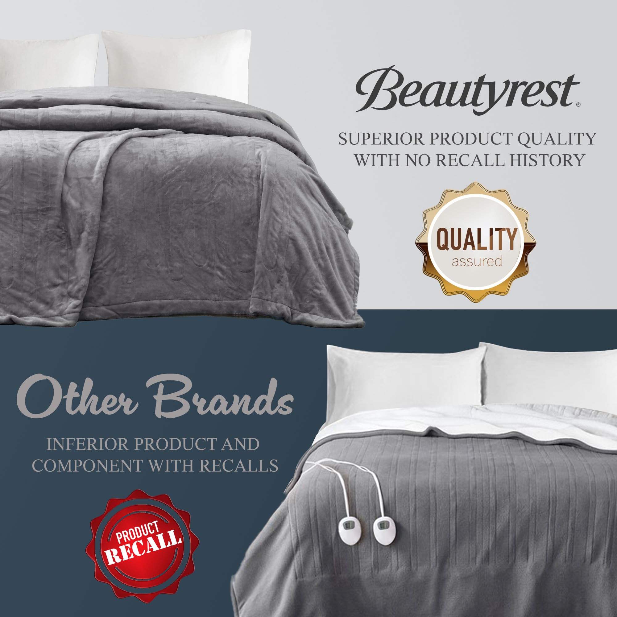Beautyrest Electric Heated Blanket King Size (90x100 Inches) - Fast Heating, Auto Shut Off, 10 Heat Settings, Ultra-Soft Grey Blanket for Winter | Zero EMF, UL Certified | Perfect for Bed, Couch & Office Use During Cold Weather