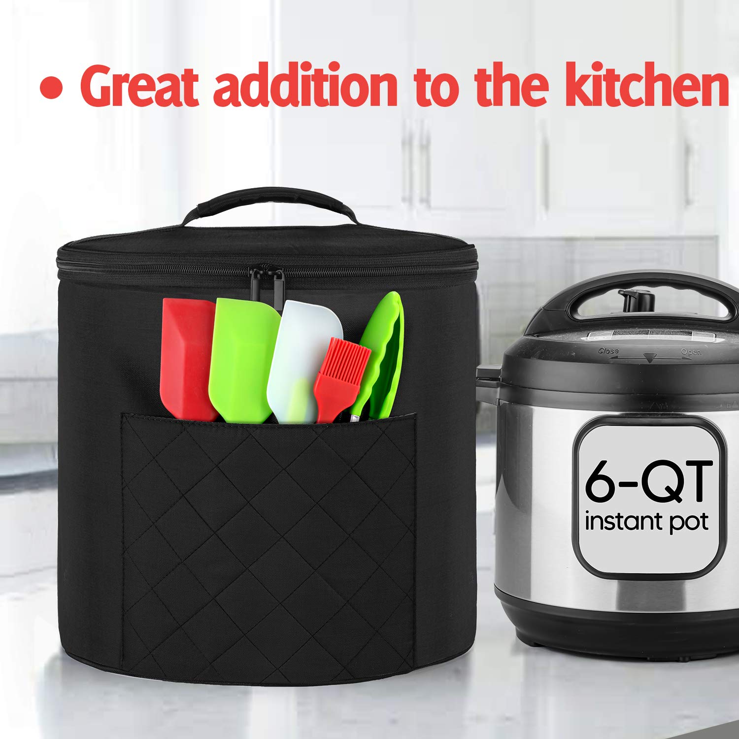 Luxja Instant Pot 6 Quart Dust Cover with Zipper Closure & Accessory Pockets - Black Medium Size for Kitchen Storage & Appliance Protection