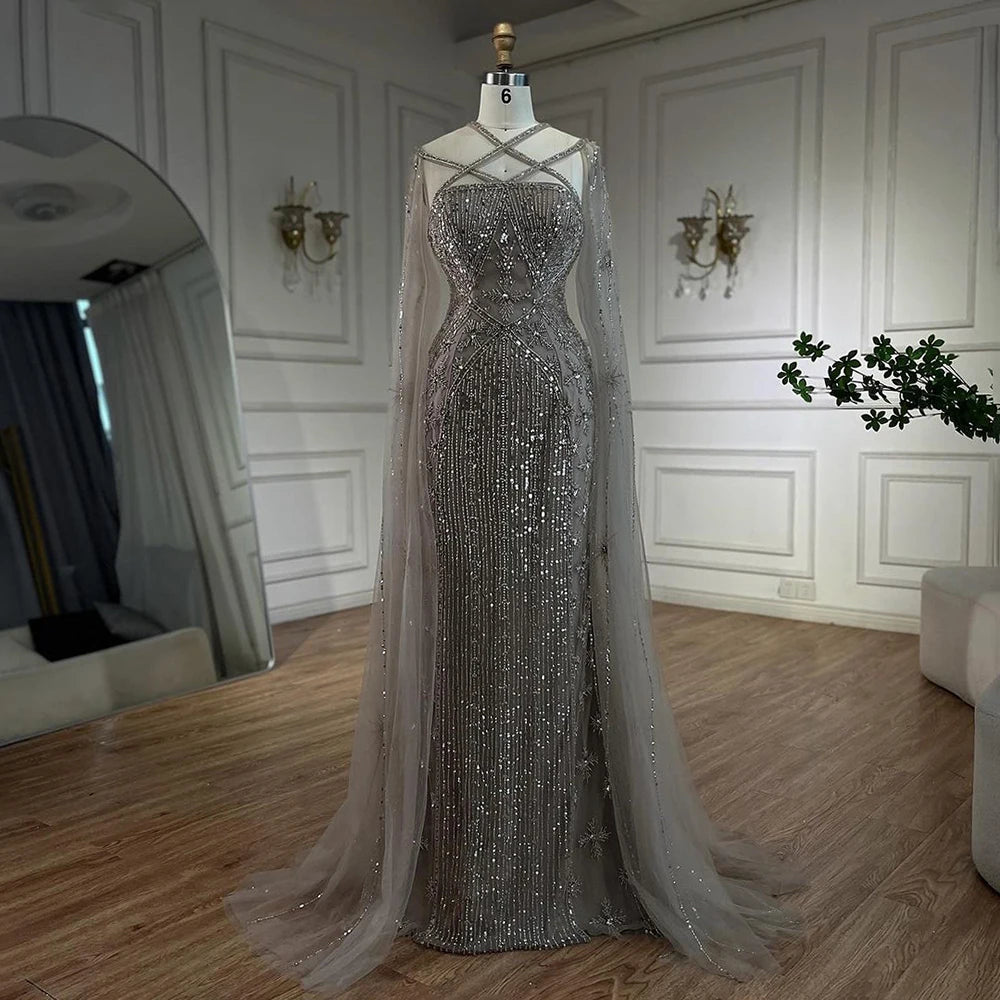 Elegant Beaded Mermaid Evening Gown with Cape Sleeves for Women - Luxury Dubai Wedding Party Dress 2025 | Perfect for Red Carpet Events, Galas & Formal Occasions - Serene Hill Caramel LA71905B