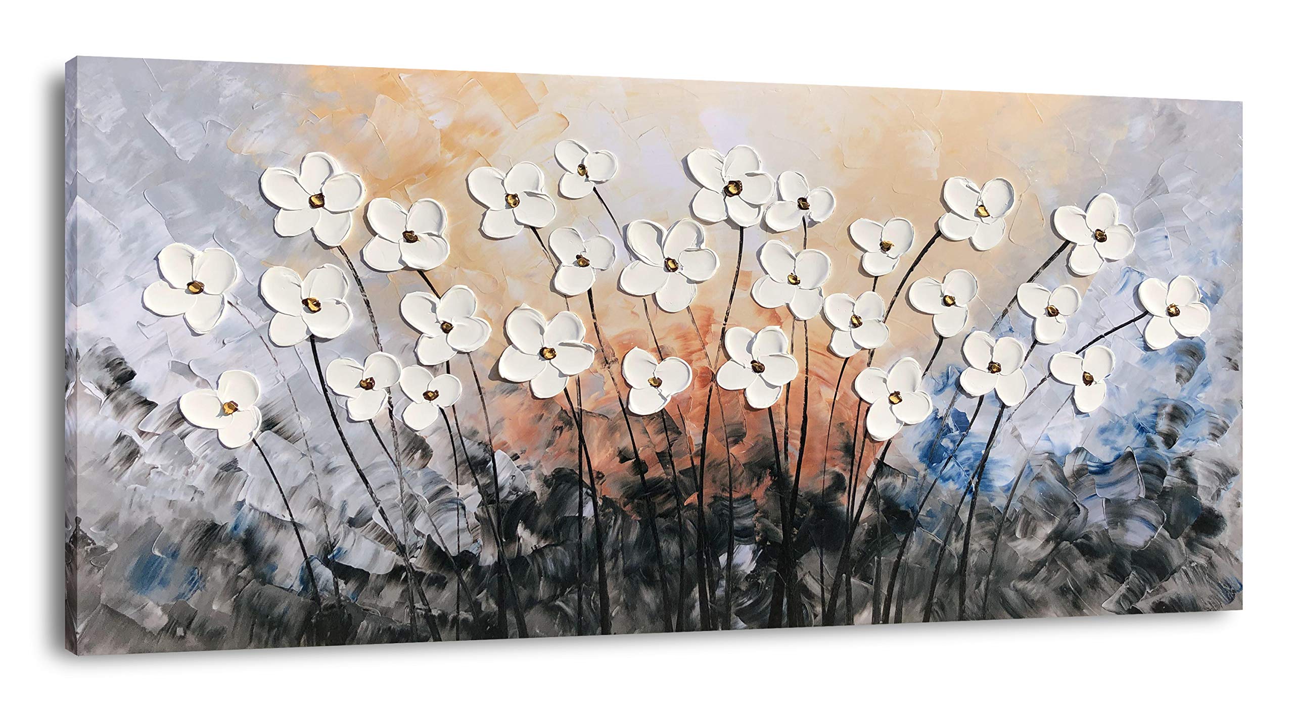 Yihui Arts Floral Paintings Canvas Wall Art - Contemporary Grey Framed Canvas Print for Living Room, Bedroom & Office Decor - Ready to Hang Modern Home Artwork