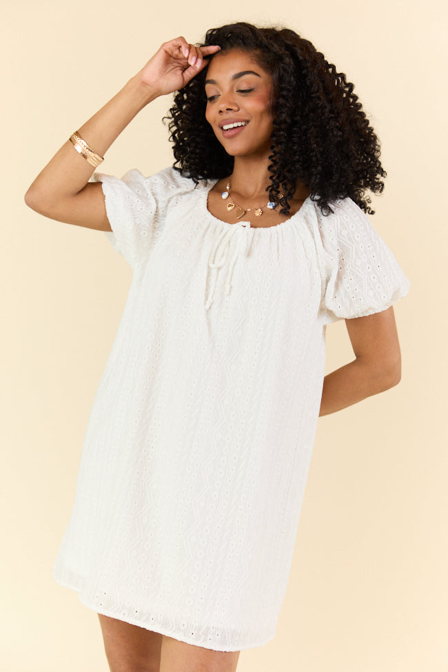 On A Whim White Knit Eyelet Short Sleeve Dress - Women's Summer Boho Casual Dress for Beach, Party & Vacation | Flowy & Comfortable