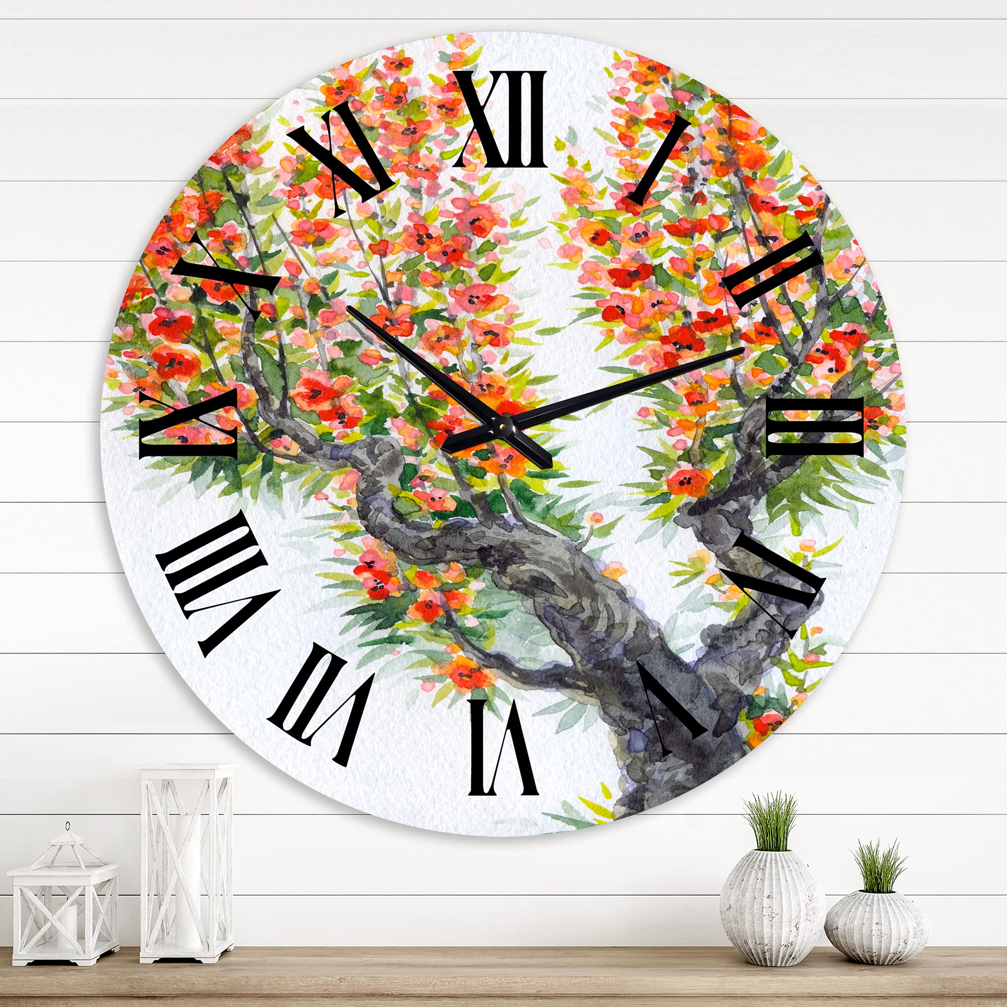 DesignQ Traditional Large Wall Clock - 'Blooming of an Old Tree in Spring II' Floral Botanical Decor for Living Room, Bedroom & Office | Silent Non-Ticking Home Décor