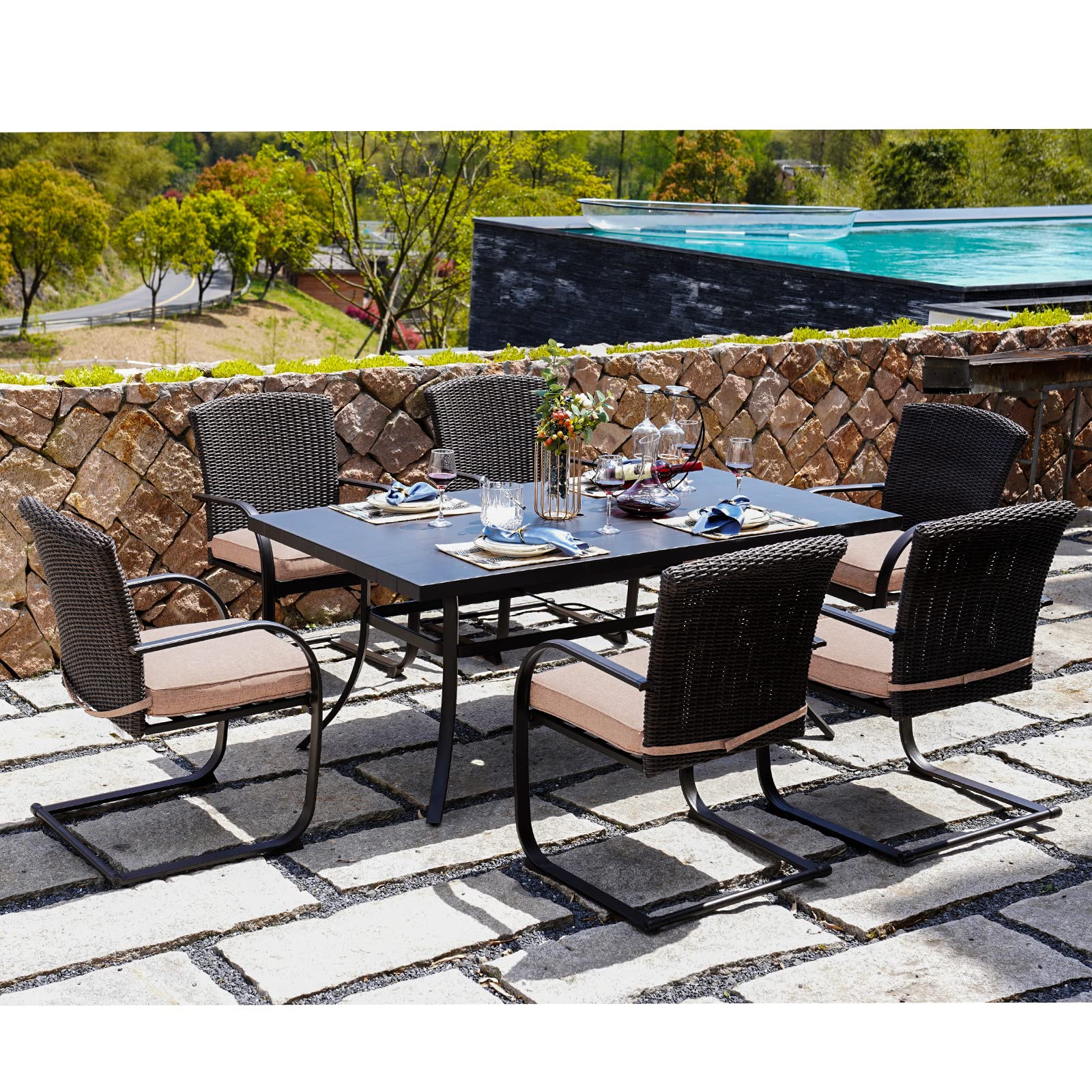 6-Piece Outdoor Wicker Dining Set with Cushions - Patio Furniture for Garden, Poolside, Backyard & Lawn - Beige Rattan Chairs - Perfect for Outdoor Entertaining & Al Fresco Dining