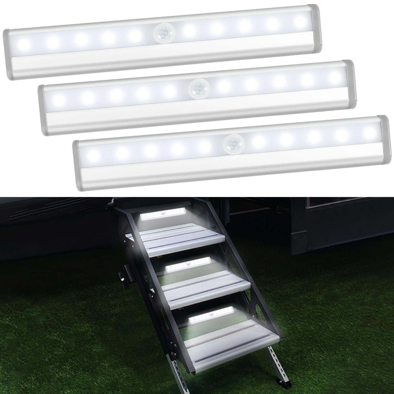 3 Pack RV Step Lights with Motion Sensor - 10 LED Battery Operated Magnetic Light Strips for Motorhomes, Trailers & Campers | Waterproof White Night Lights for Stairs, Entryways & Outdoor Steps